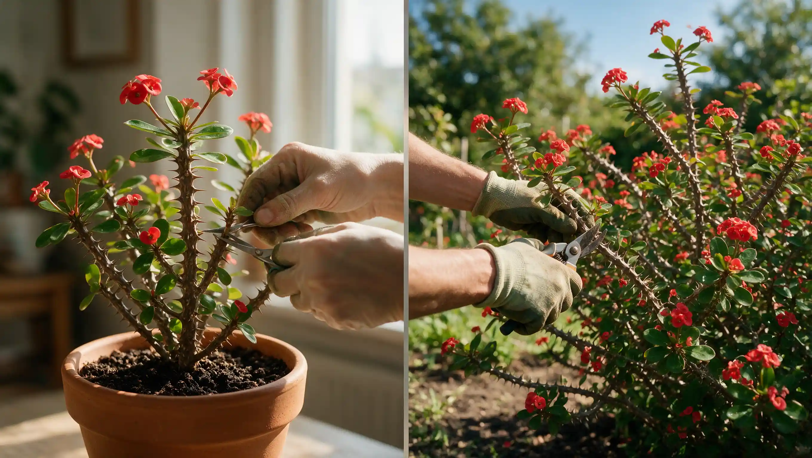 split view of hands pruning a crown of thorns plant indoors on left and outdoors in a garden on right