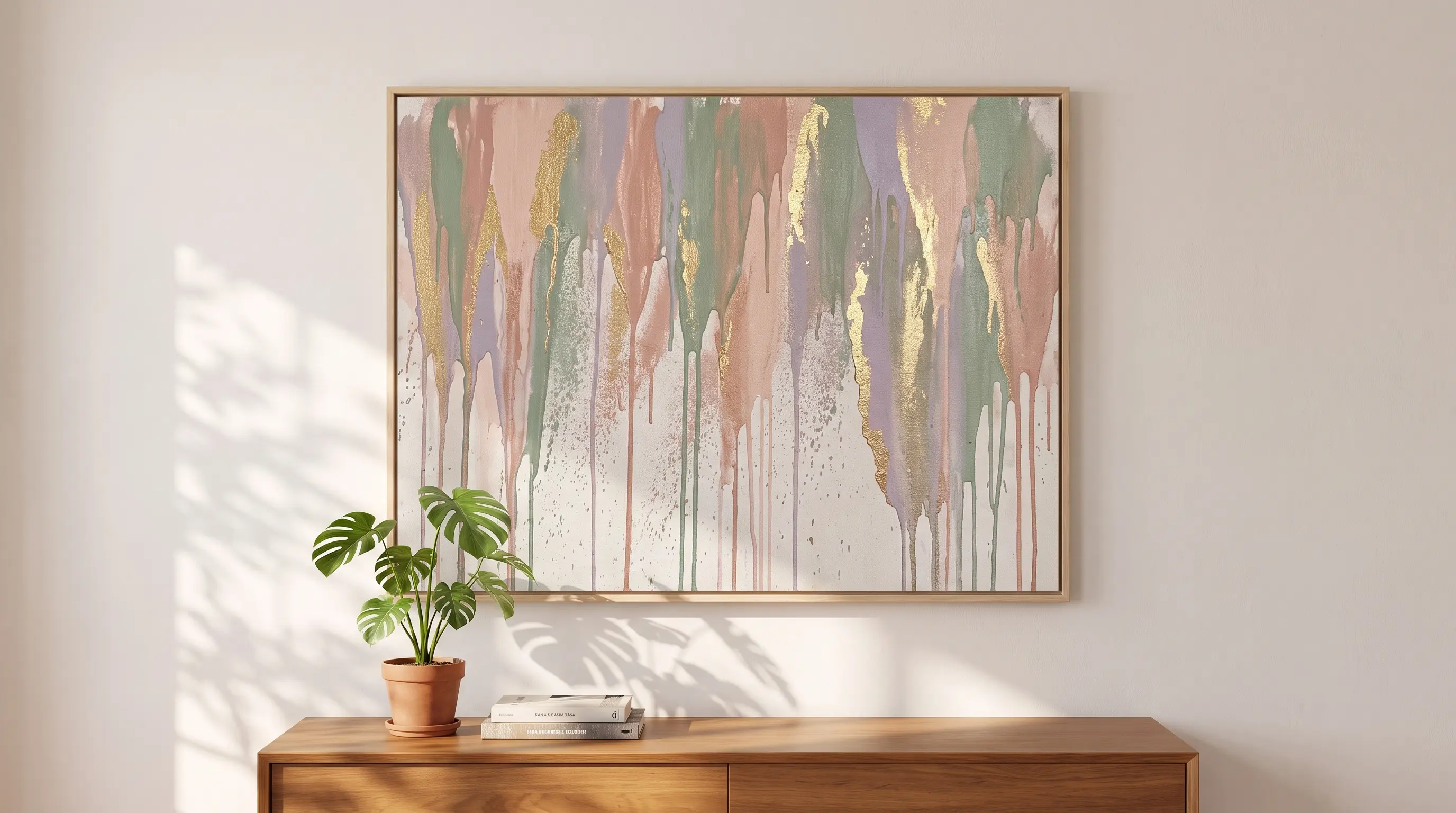 a canvas covered in paint drips created by spraying water down over fresh wet painted lines