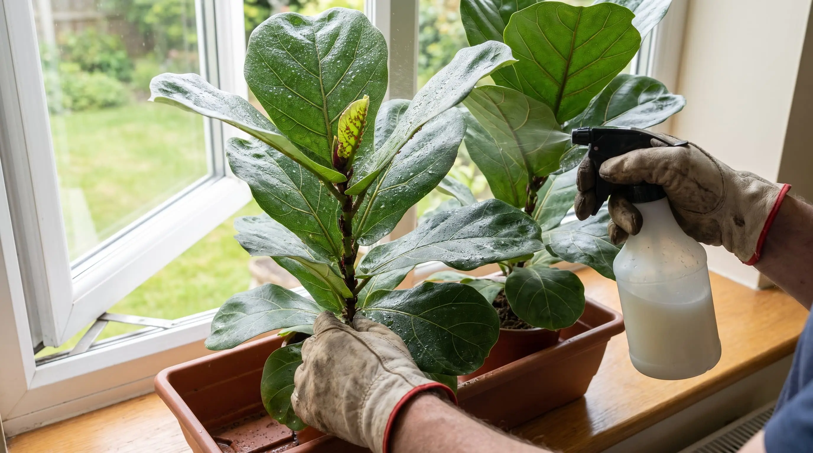 gardener spraying neem oil mixture evenly across the leaves and stems of a potted plant