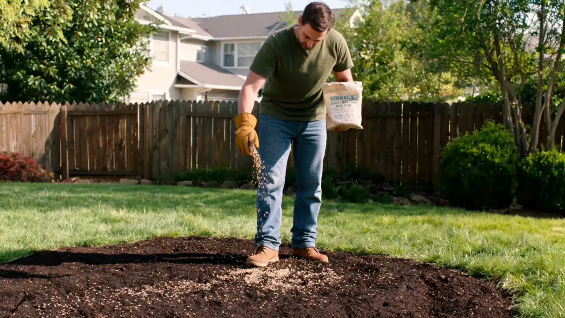 spreading grass seed mixed with dry sand evenly across smooth prepared backyard soil