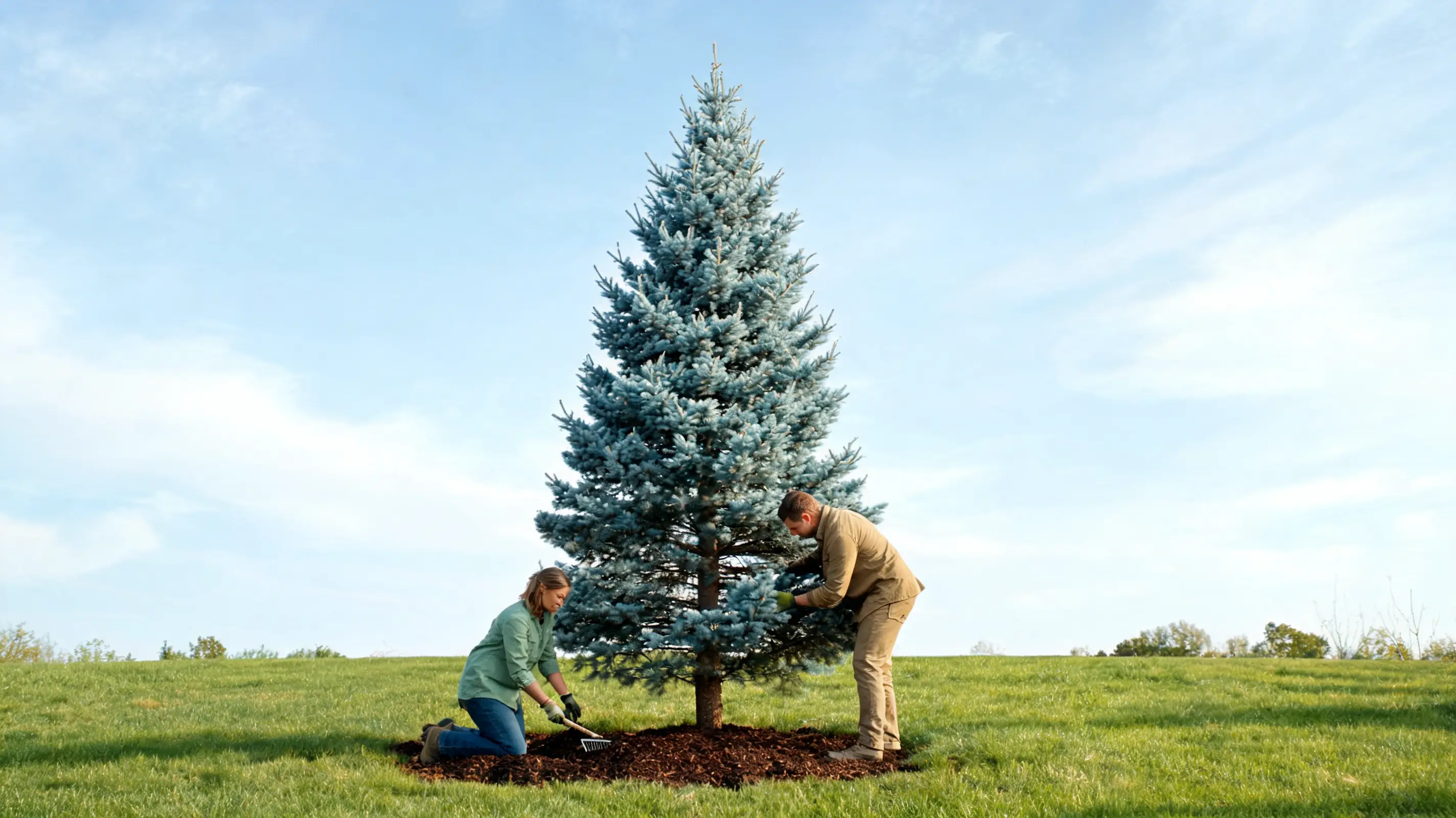 two gardeners watering and mulching a young spruce tree together in a sunny backyard garden setting