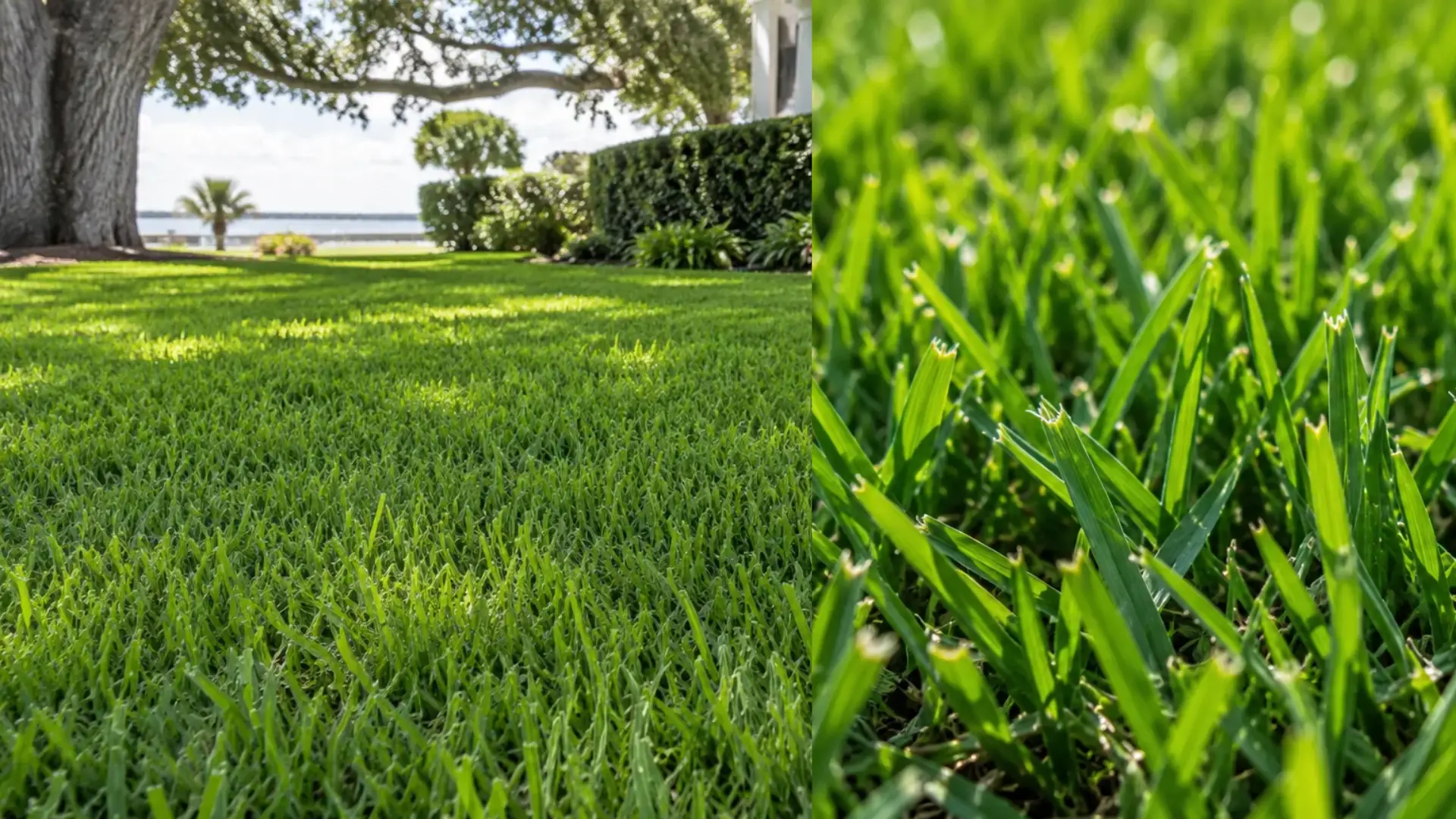 side by side views of a st augustinegrass lawn and close up showing broad green blades and cut tips
