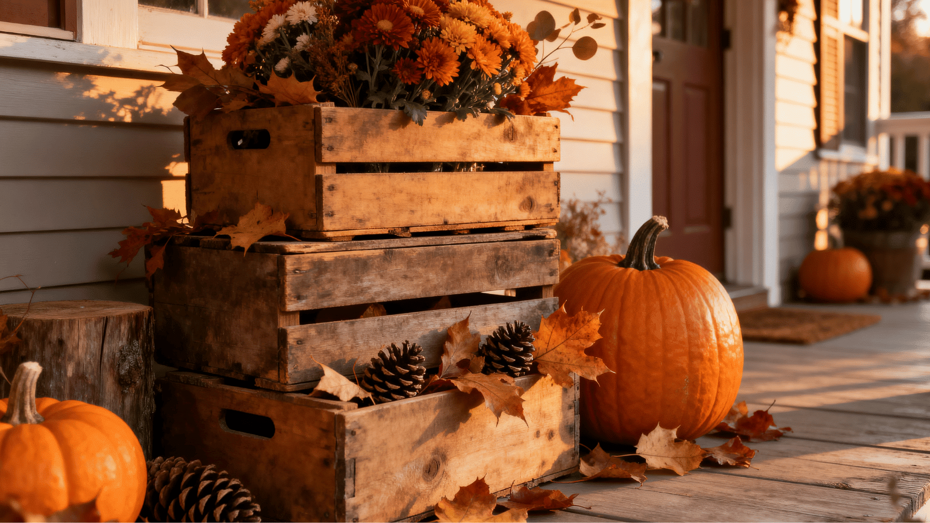 stacked wooden crates with pumpkins, pinecones, and autumn flowers decorating a rustic farmhouse porch.