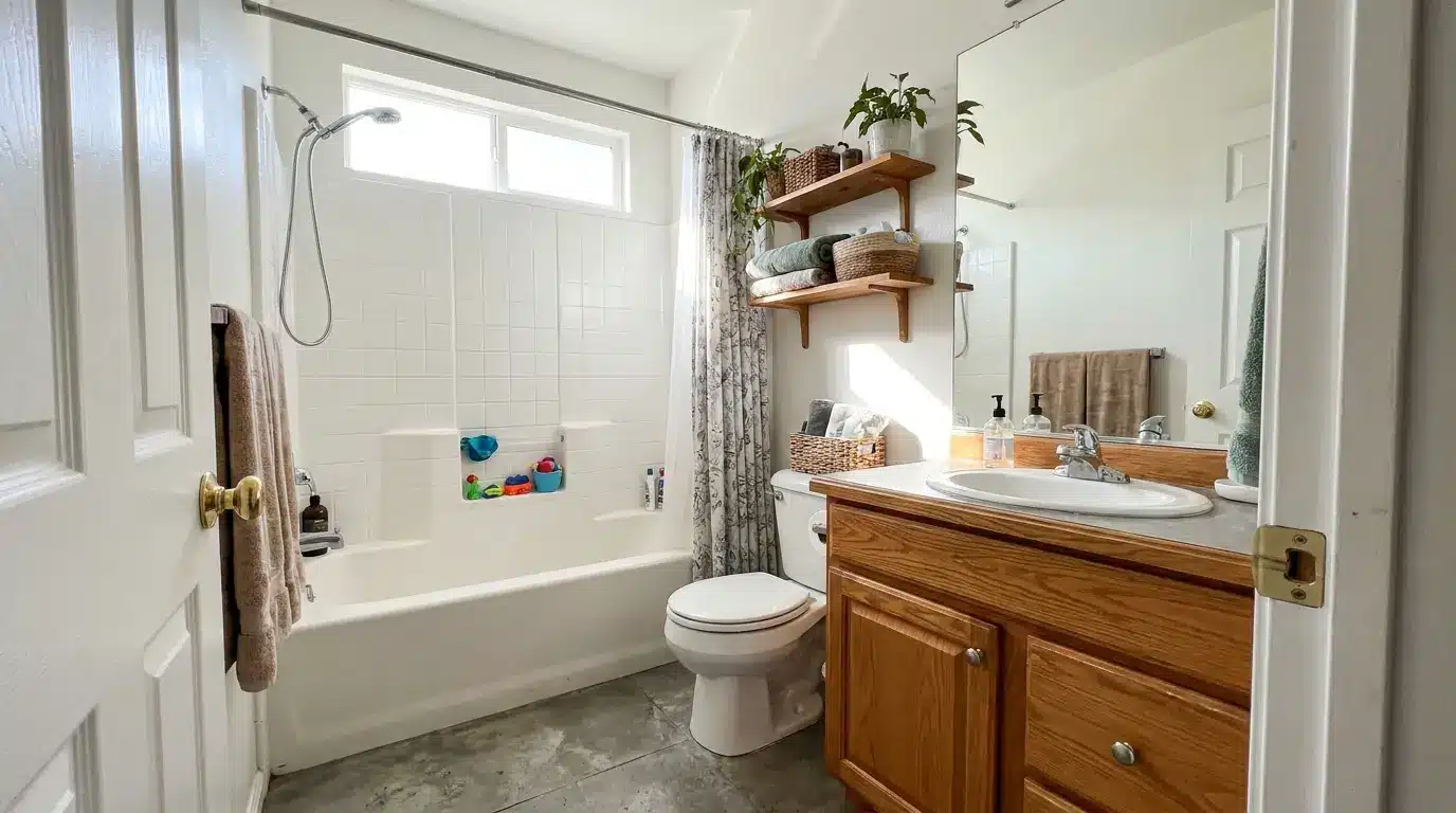standard full bathroom with tub shower combo toilet vanity and simple family layout