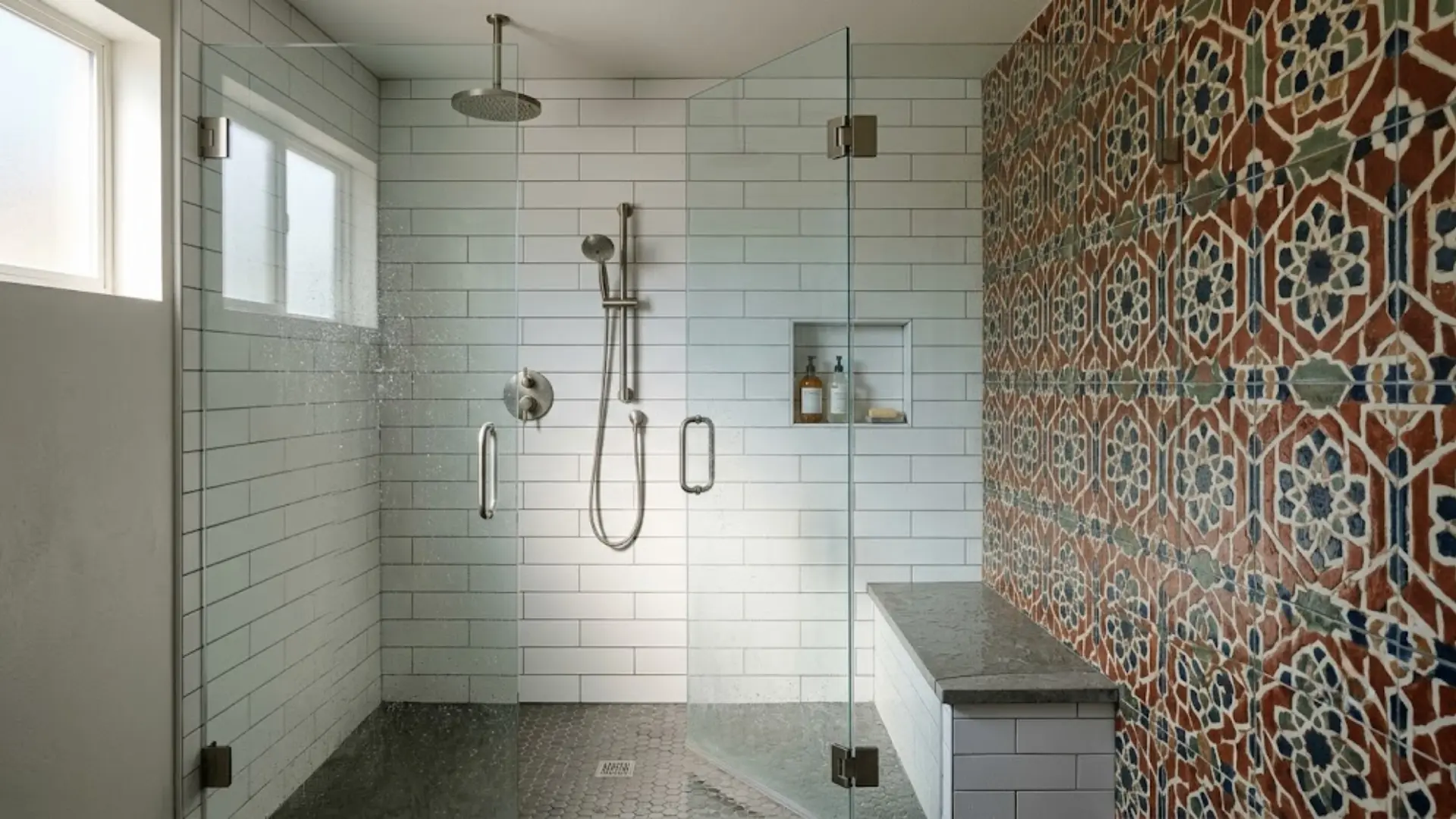 walk-in shower with moroccan patterned accent wall and plain white subway tile surround