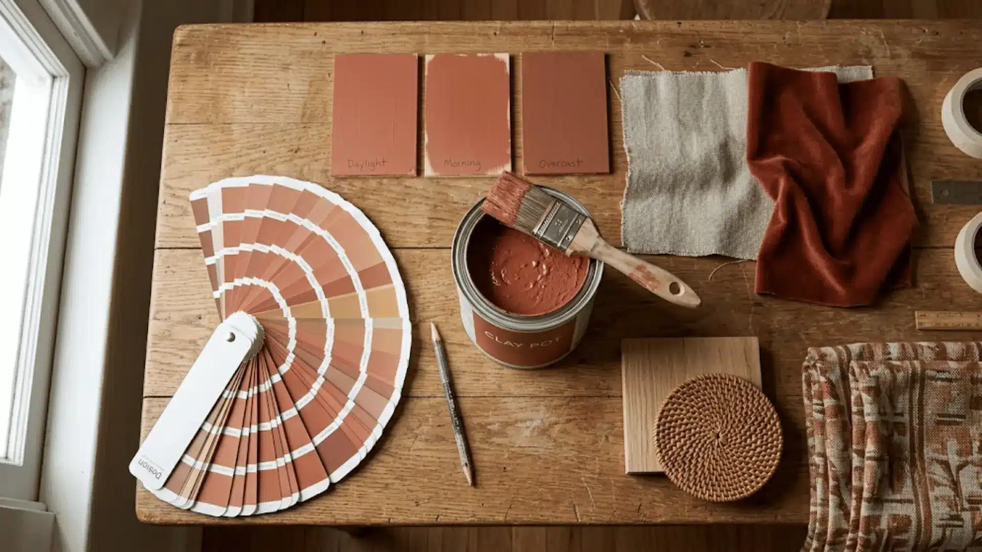 flat lay of paint swatches, brush, fabric, and wood samples for bedroom color drenching