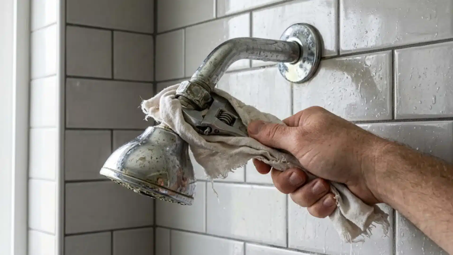 hand using a cloth-wrapped wrench to remove a chrome shower head from a wall-mounted arm