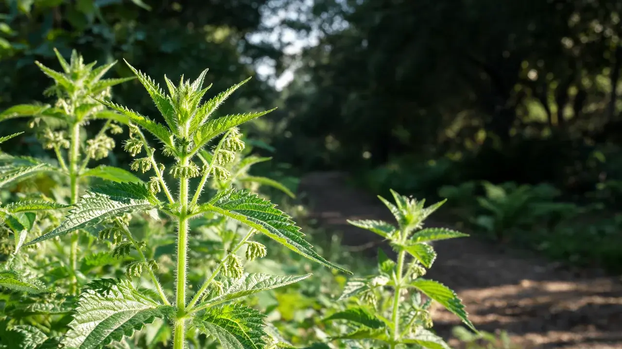stinging nettle with serrated green leaves fine hairs and upright stems growing beside a shaded woodland path