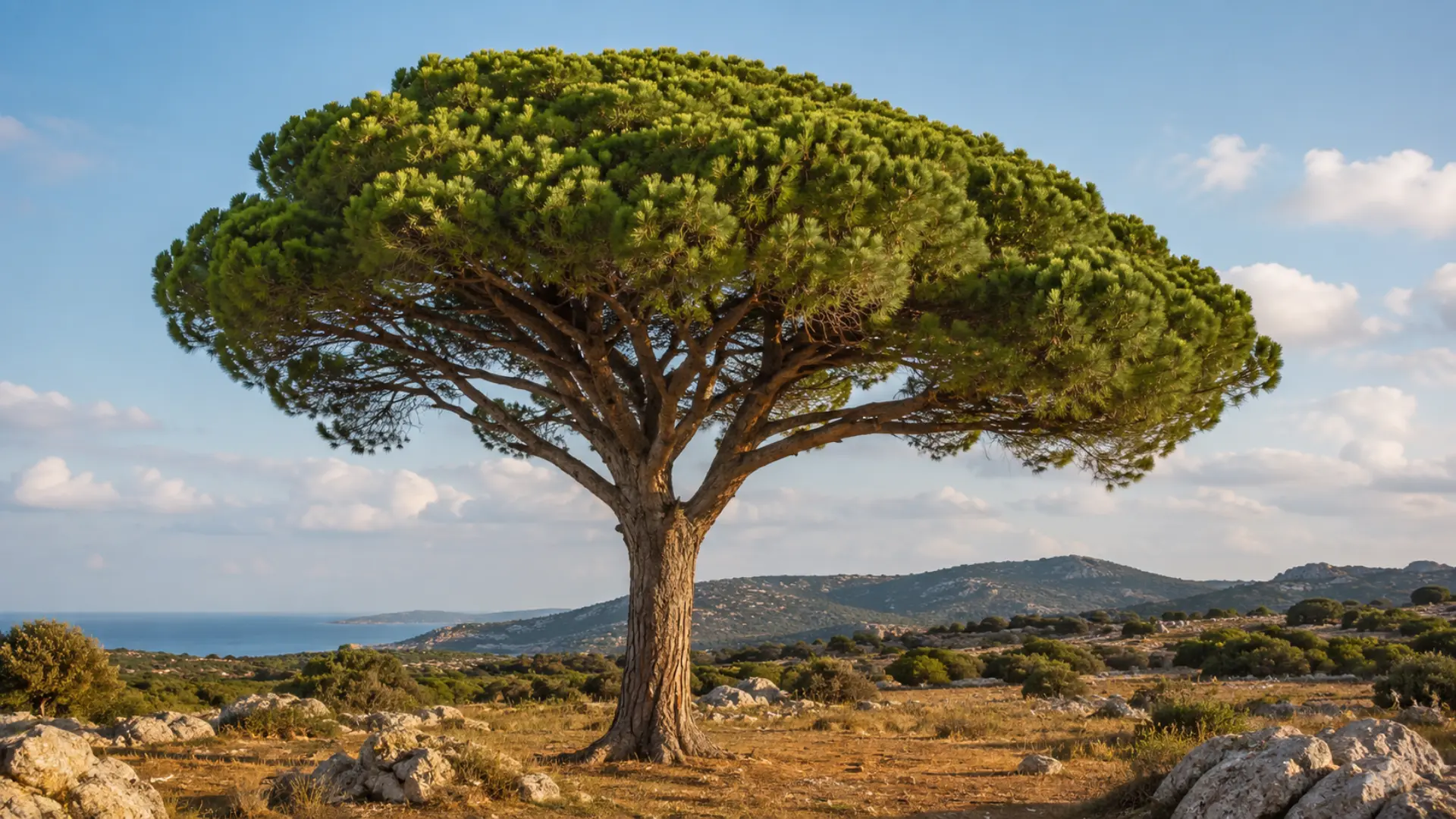 stone pine with a tall bare trunk and a wide umbrella crown rising above a dry mediterranean landscape