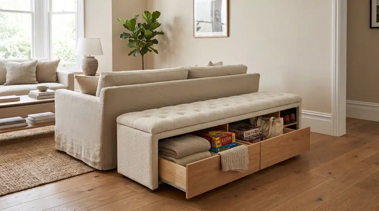 a storage bench positioned against a living room wall with a lift up seat for hidden storage inside