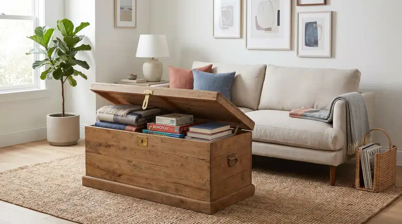 a wooden storage chest repurposed as a coffee table in the middle of a cozy living room space