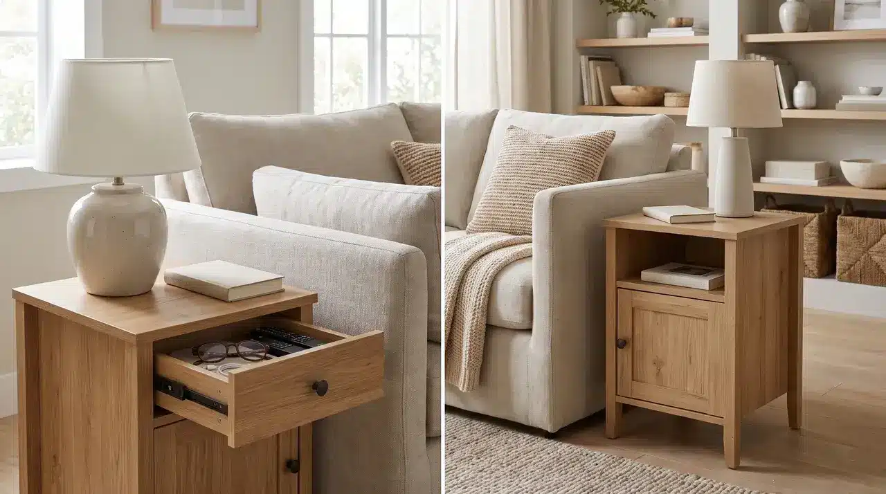 a pair of storage end tables placed beside a sofa offering hidden compartments for small items