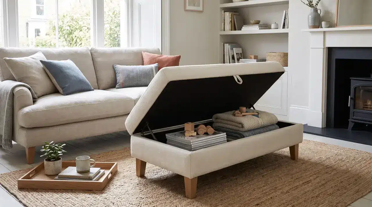 a padded storage ottoman used as a footrest and seat that opens up to reveal storage space inside
