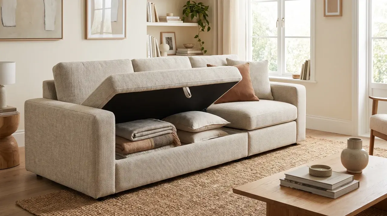 a storage sofa with a lift up seat cushion revealing hidden compartments underneath for blankets