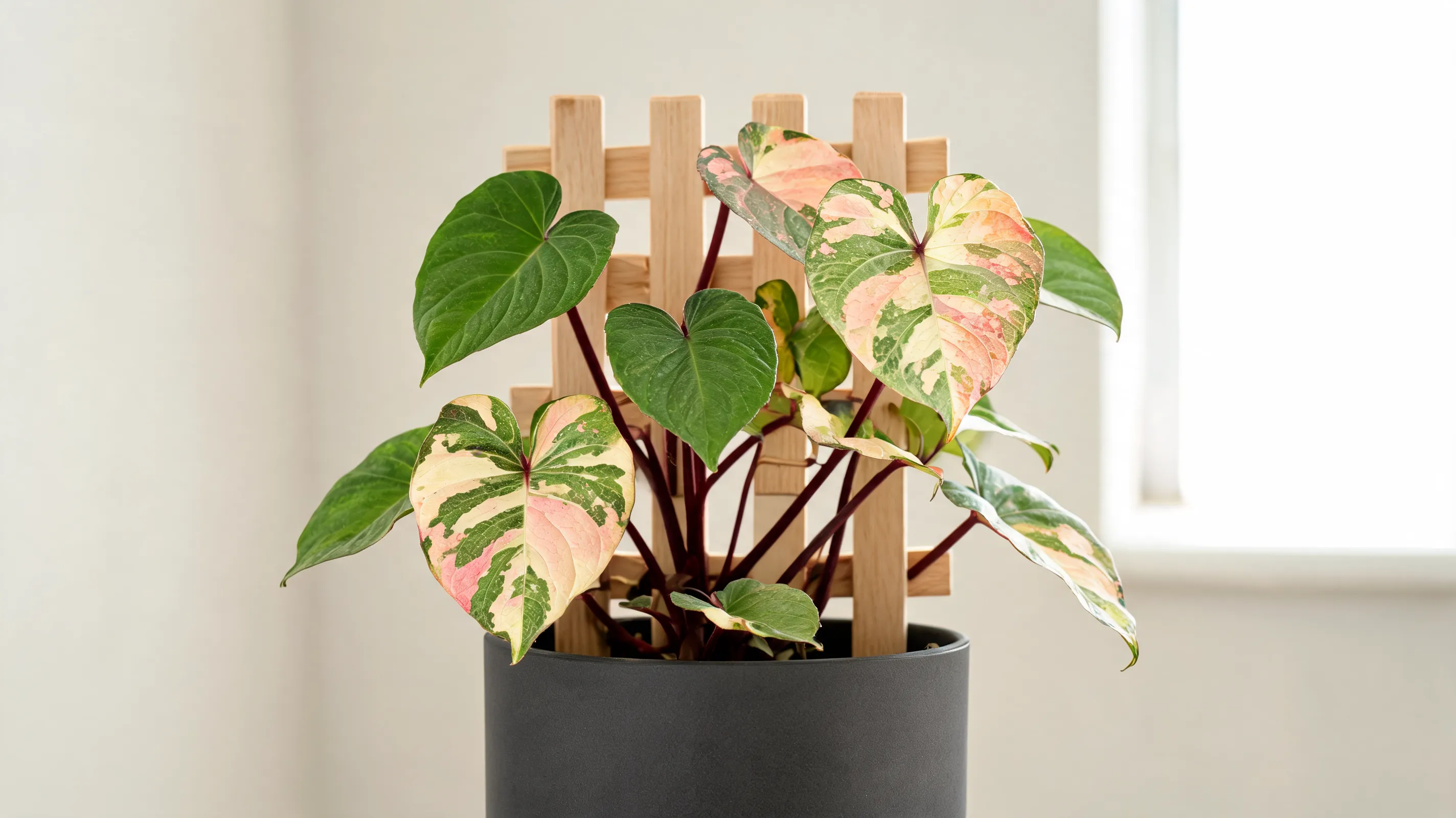 strawberry shake philodendron with glossy green leaves marked by pink cream tones on maroon stems