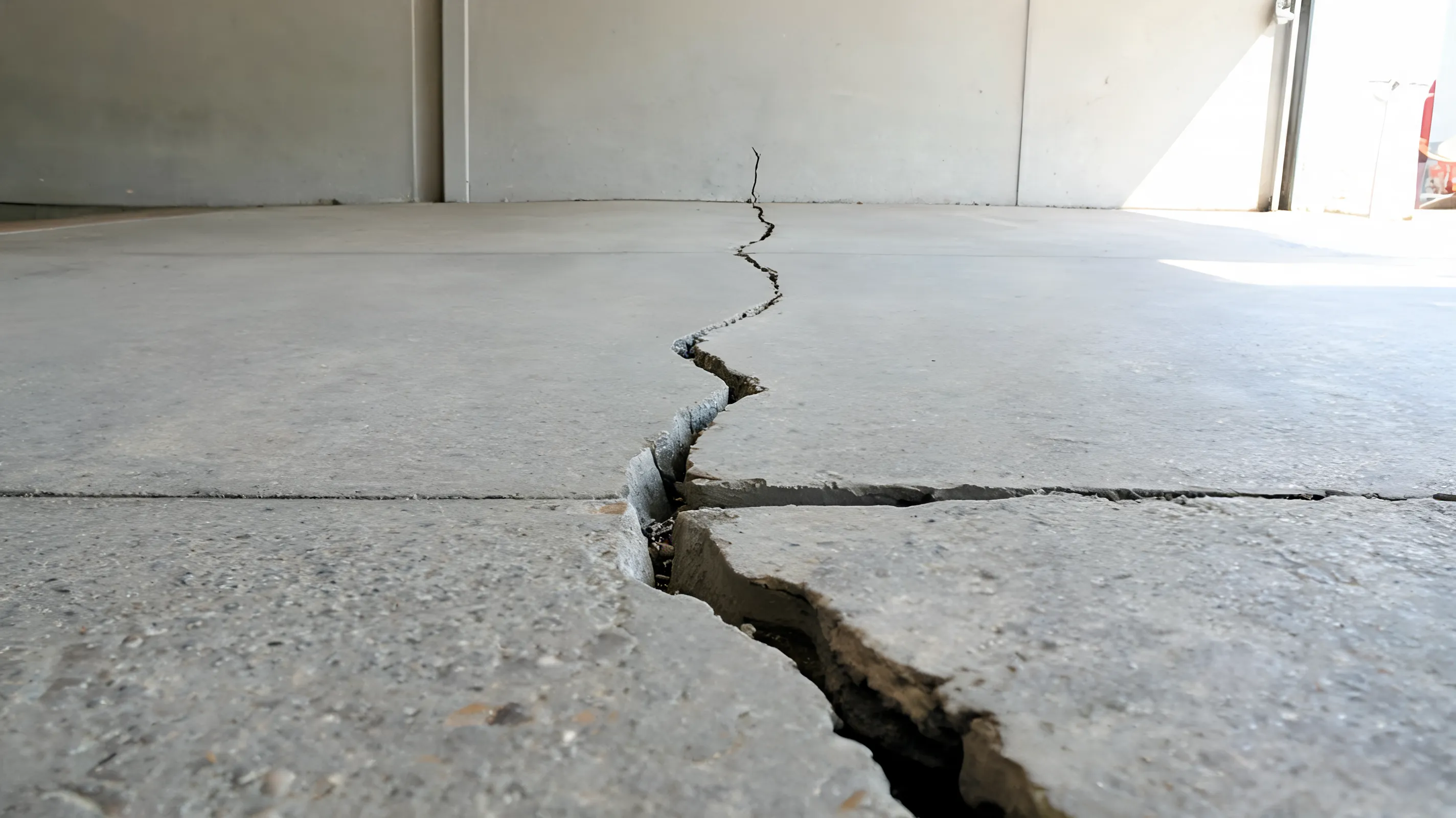 wide irregular structural crack with slight floor movement extending toward a nearby garage wall