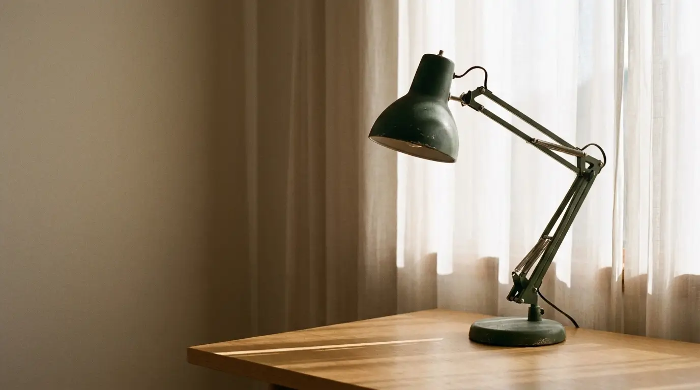 Vintage green desk lamp on wooden table near sheer curtains in softly lit room