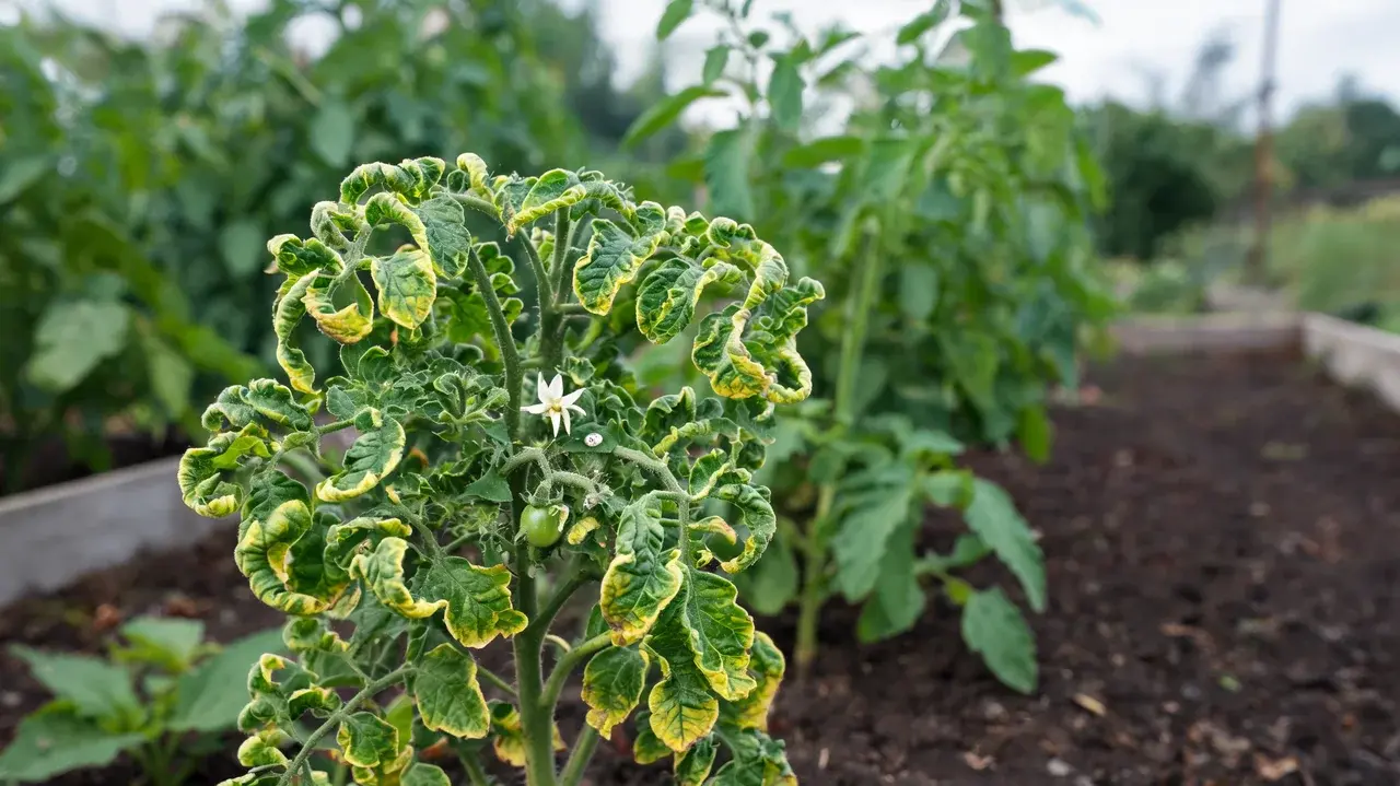 stunted tomato plant with curled leaves yellow margins and whiteflies showing tomato yellow leaf curl virus symptoms
