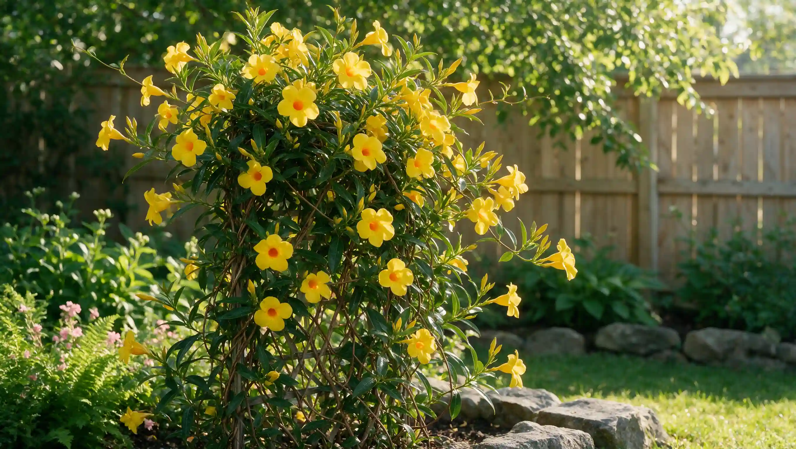 summer romance dipladenia variety with bright yellow trumpet-shaped flowers in bloom