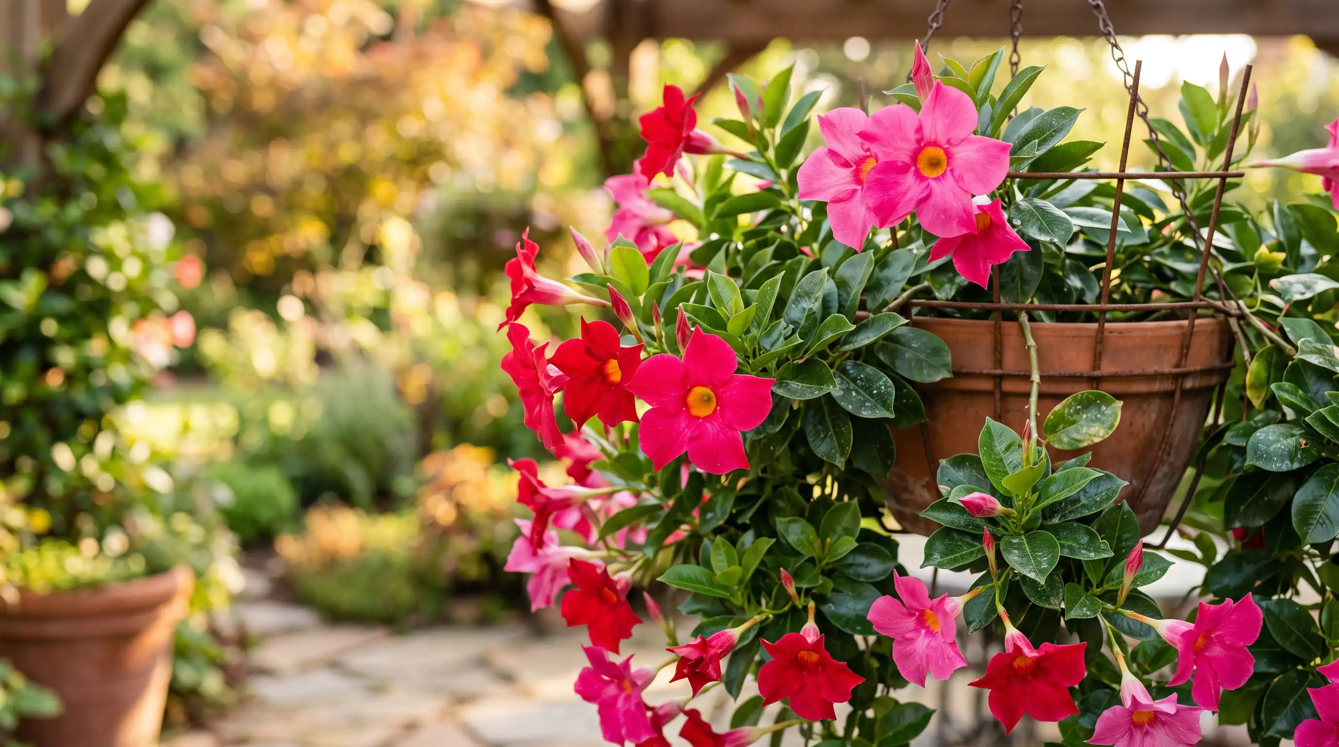 sun parasol dipladenia variety with crimson-pink blooms and orange-yellow throats