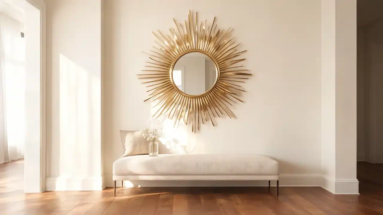sunburst mirror with linen bench in a soft glam eclectic entryway