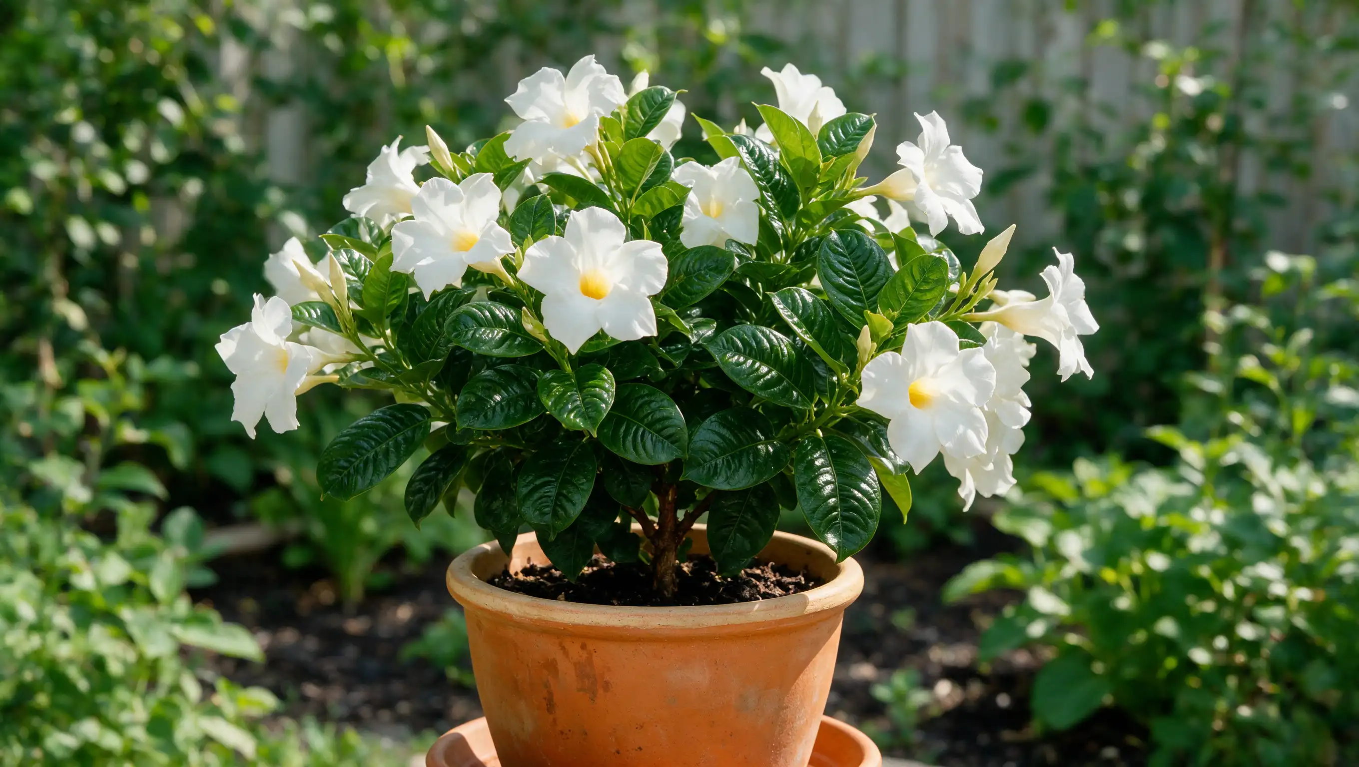 sundenia white dipladenia variety with large white trumpet-shaped flowers and yellow throats