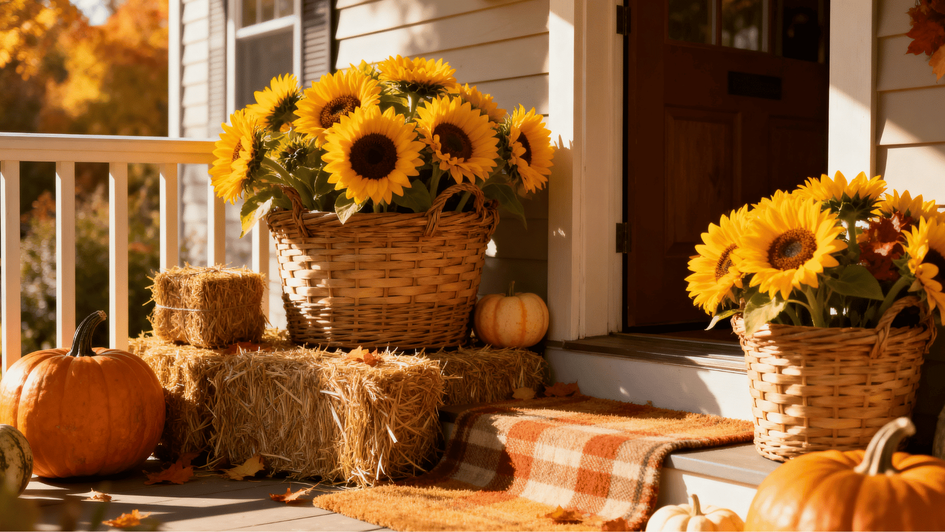 sunflower basket planters with pumpkins and hay bales creating a bright and cheerful fall porch display.