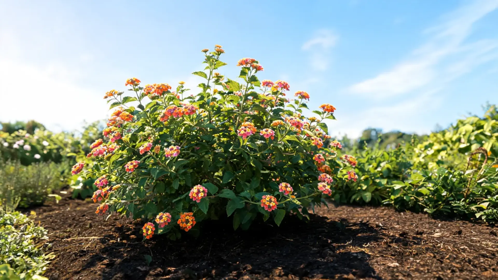 healthy lantana plant covered in colorful blooms growing outdoors in strong direct sunlight