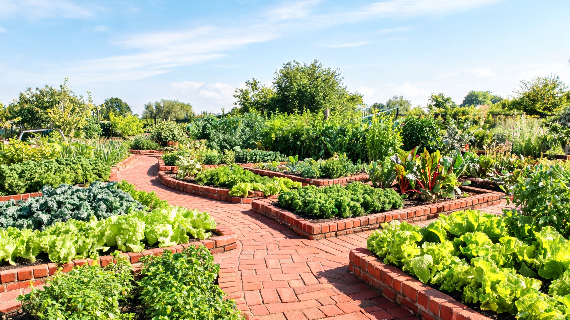 sunny vegetable garden with red brick paths raised beds lettuce kale herbs and mixed greens