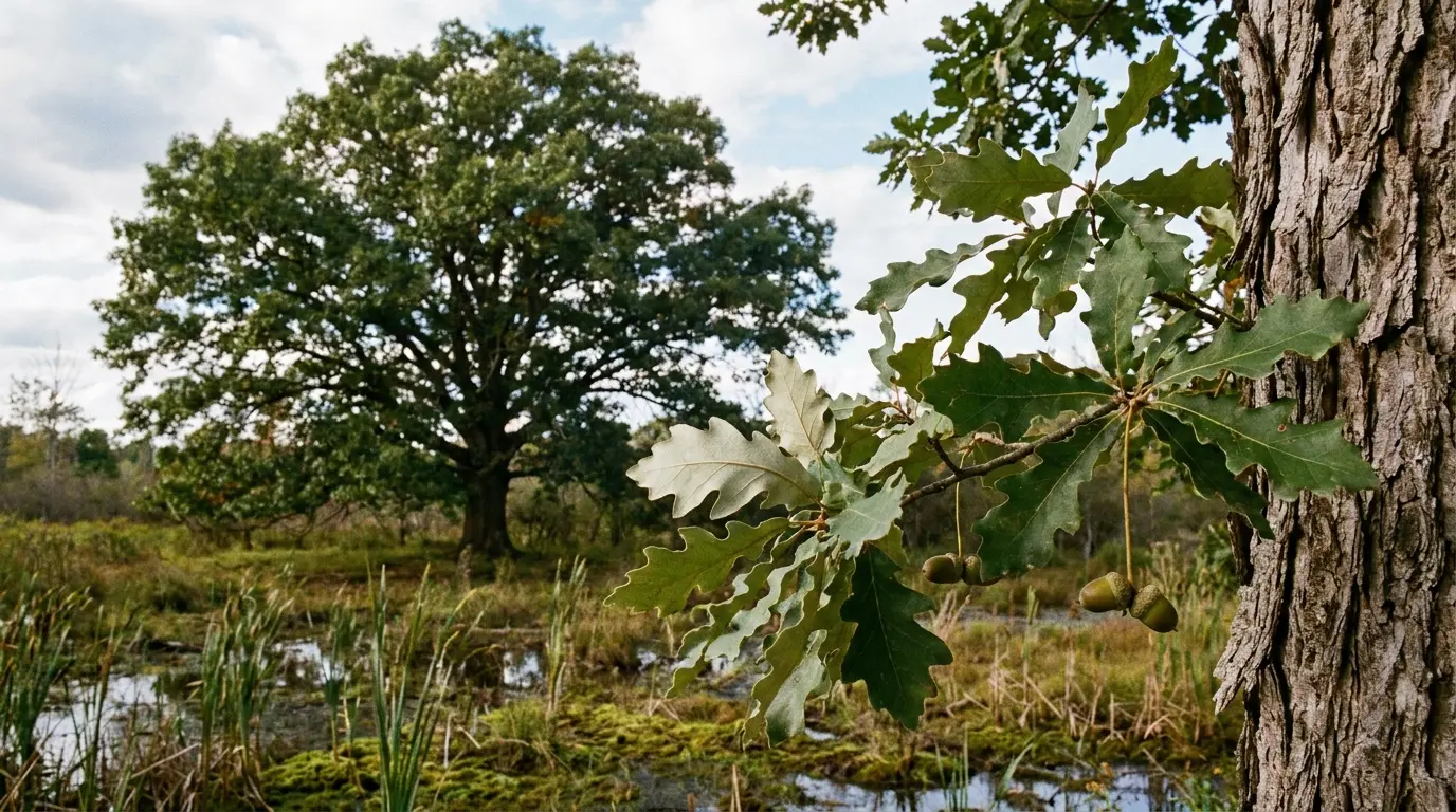 swamp white oak with pale leaves flaky bark and acorns