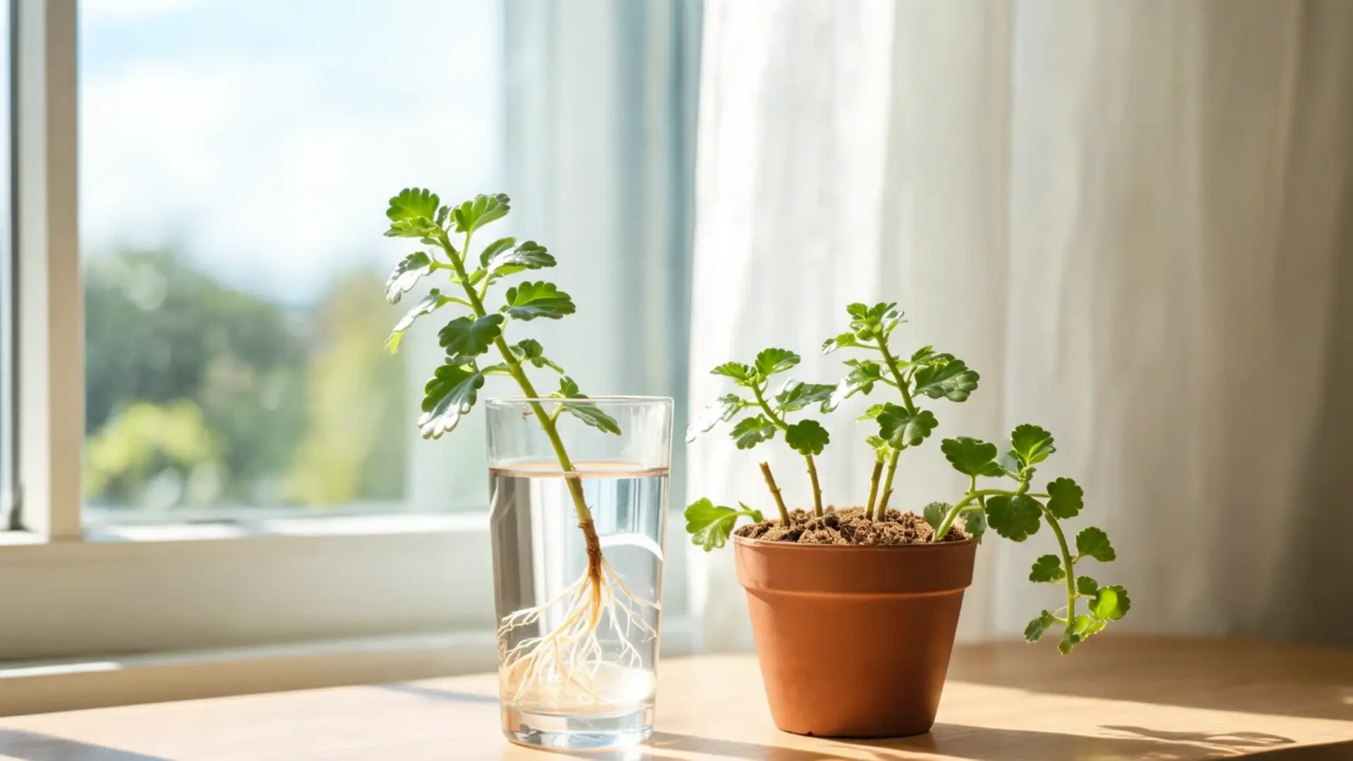 healthy stem cuttings of swedish ivy rooting in a glass jar filled with clean water near a window