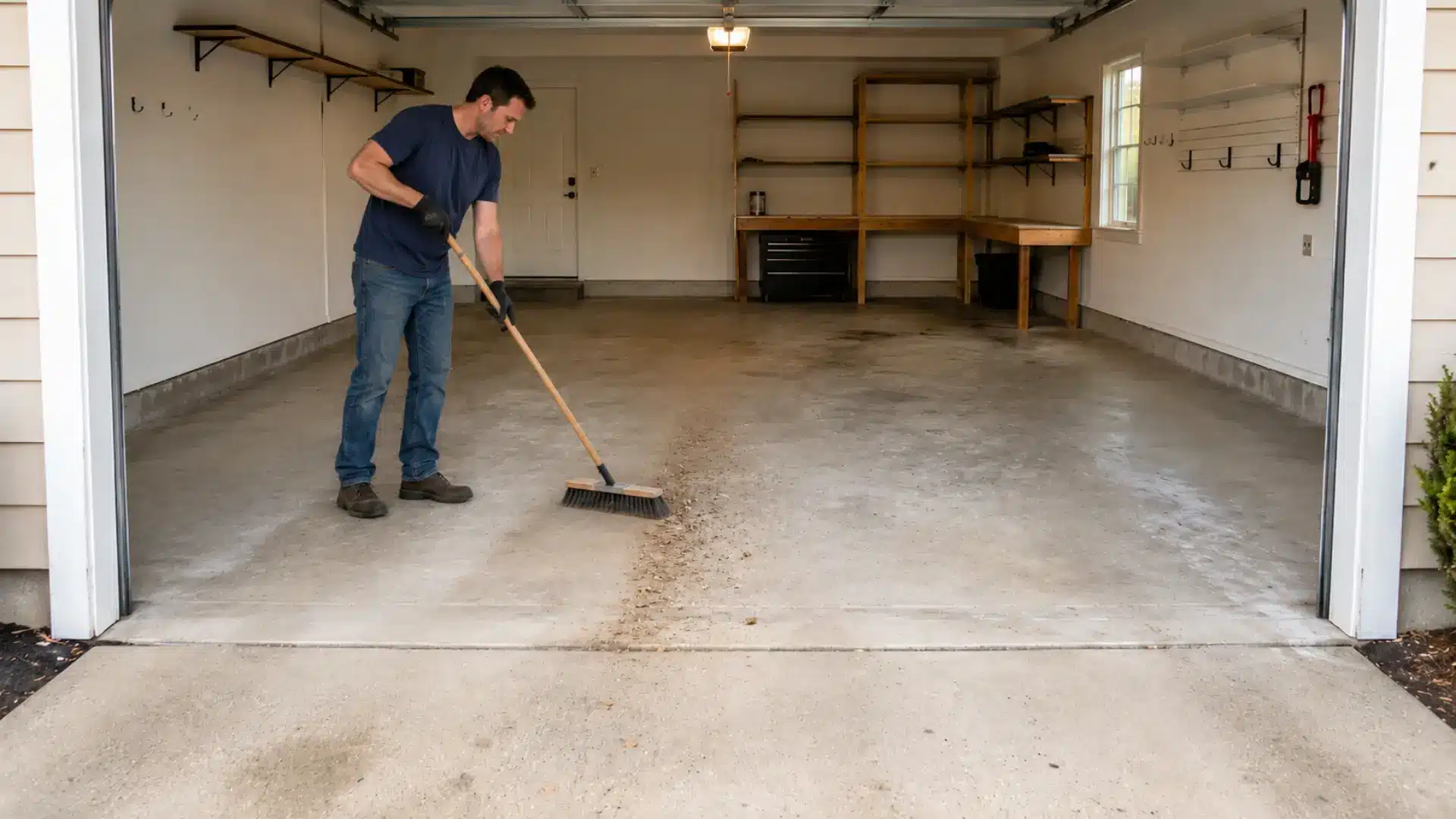 man sweeping dust and debris across a stained concrete floor inside an open two car garage
