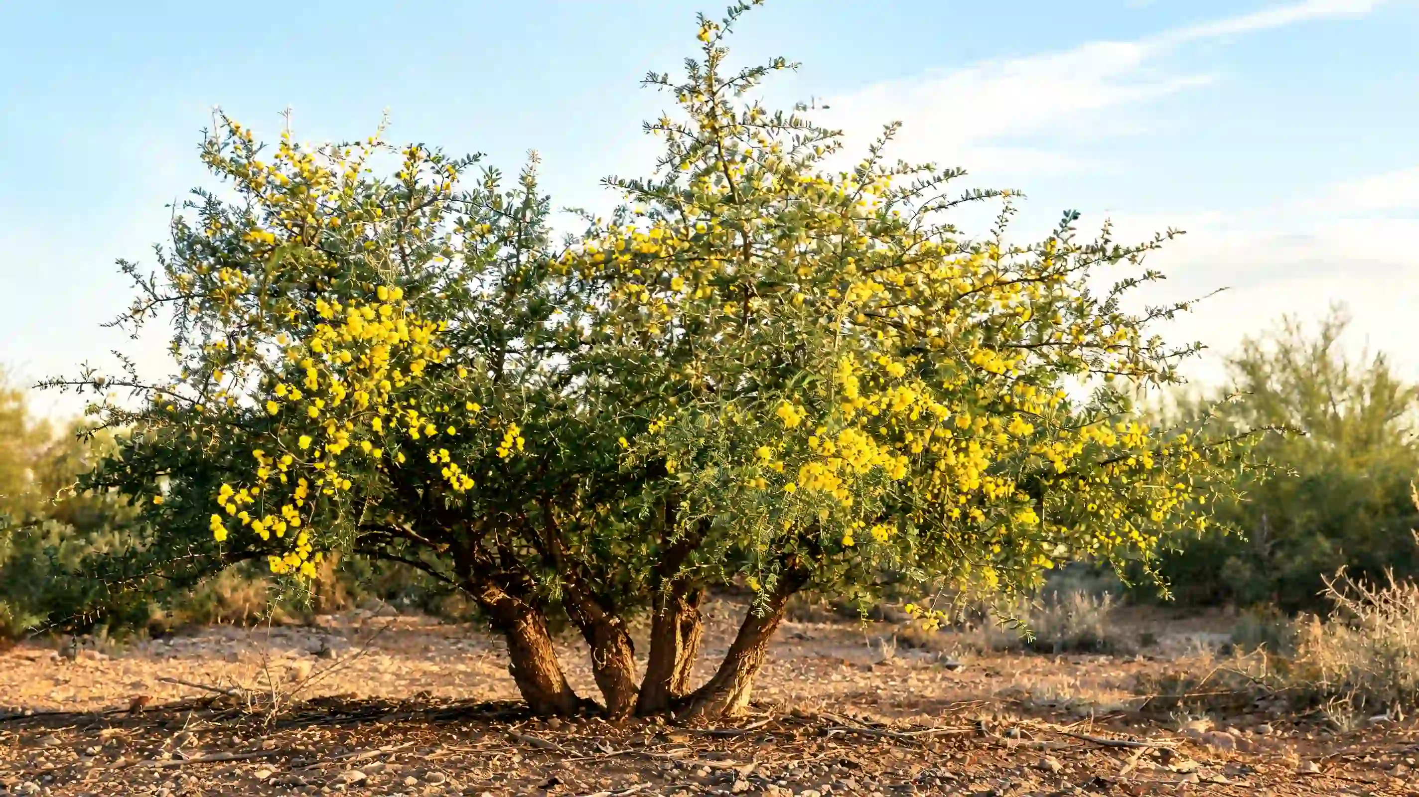 sweet acacia with several trunks tiny green leaves and yellow puffball flowers in a dry yard