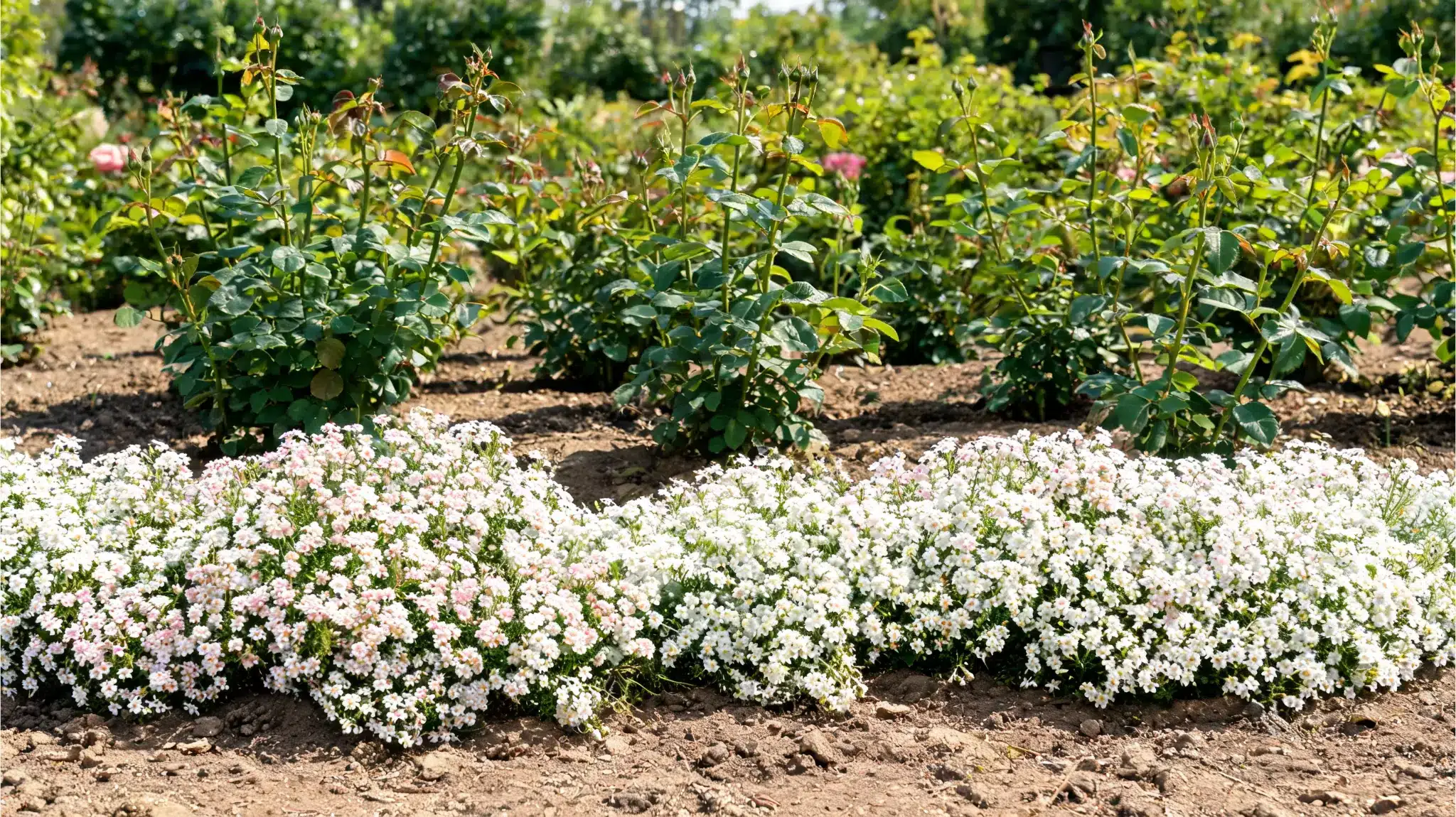 sweet alyssum planted at the front of a rose bed (1)