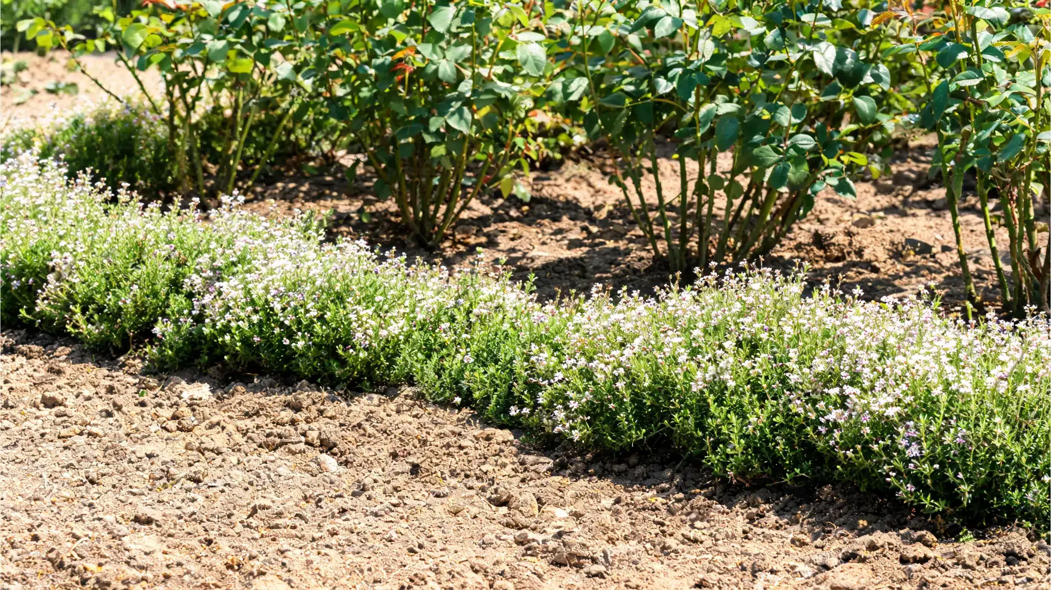 sweet alyssum planted at the front of a rose bed