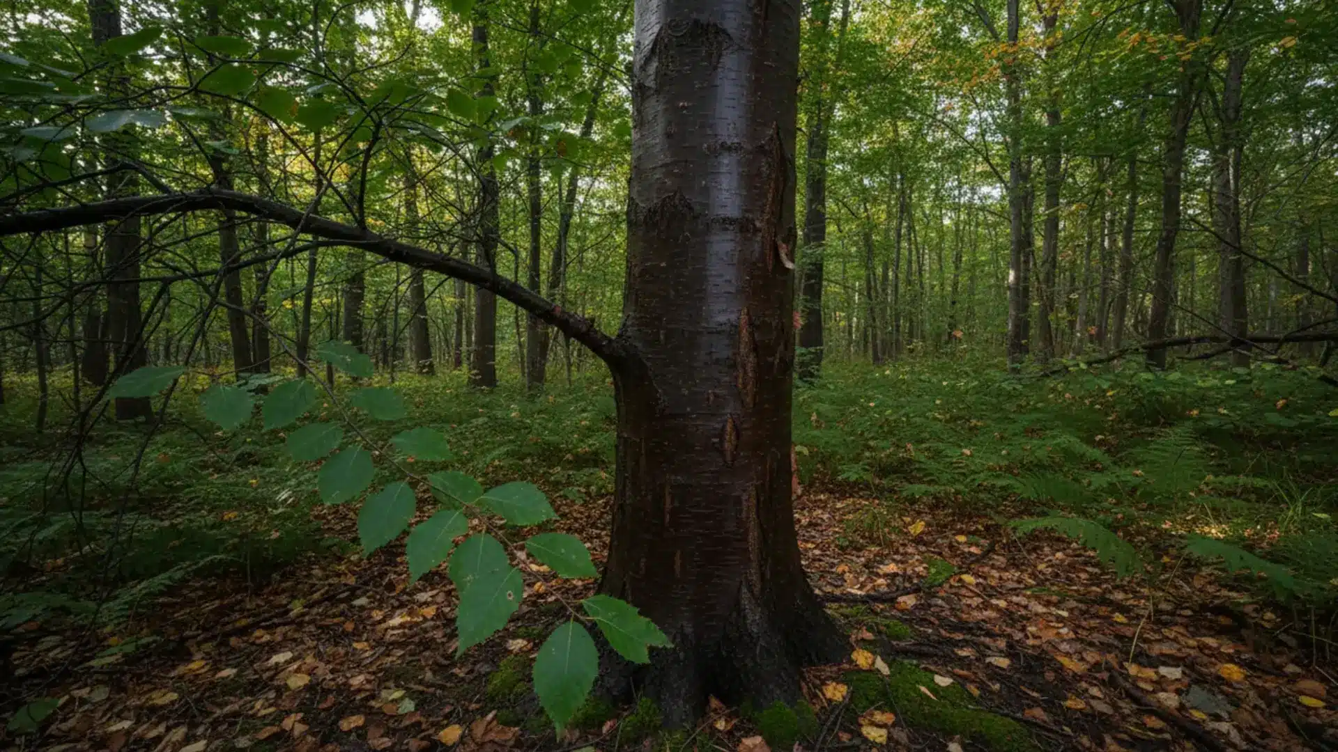 dark-barked sweet birch stands in a shaded woodland with green leaves, ferns, and fallen brown leaves