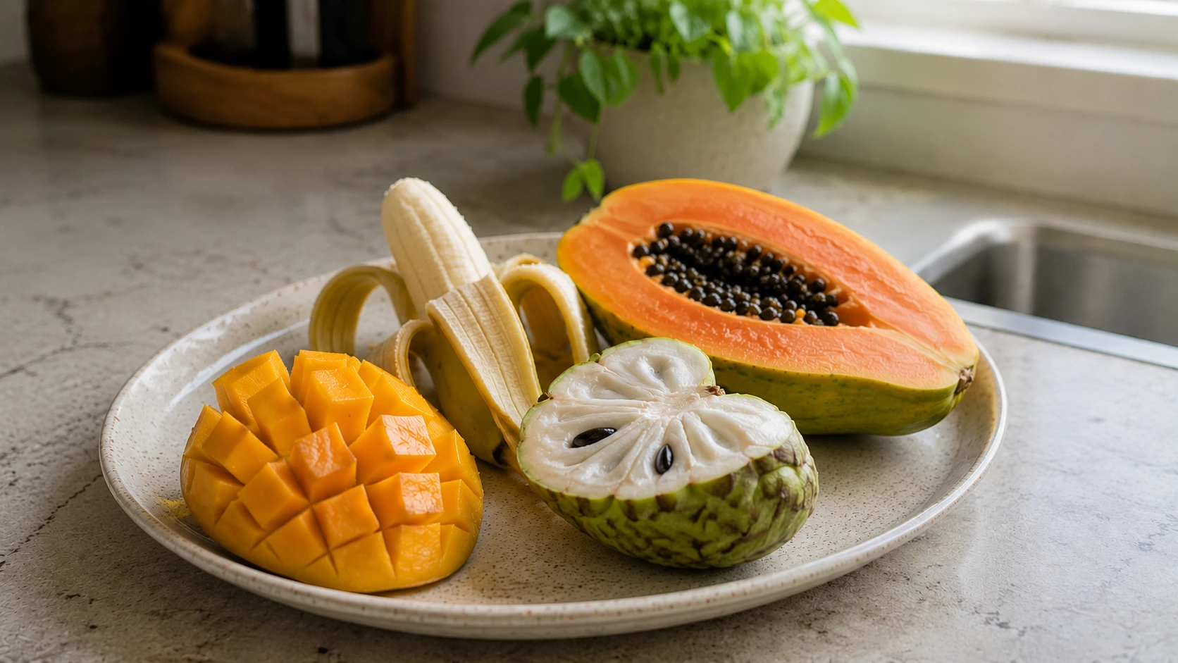sweet creamy tropical fruits mango banana papaya cherimoya and sapodilla arranged for breakfast
