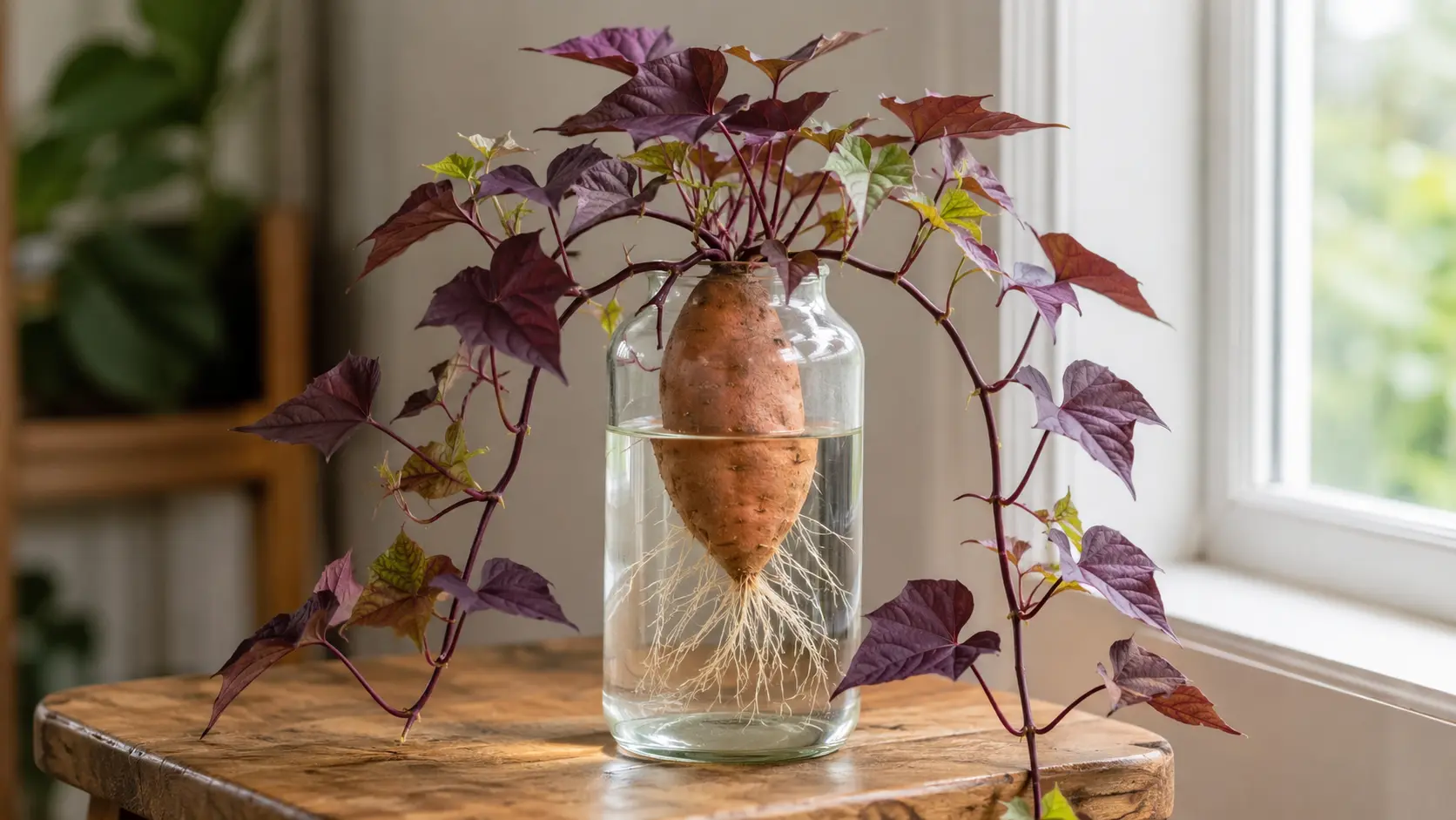 purple sweet potato vine trailing from a tuber suspended in water inside a tall glass jar