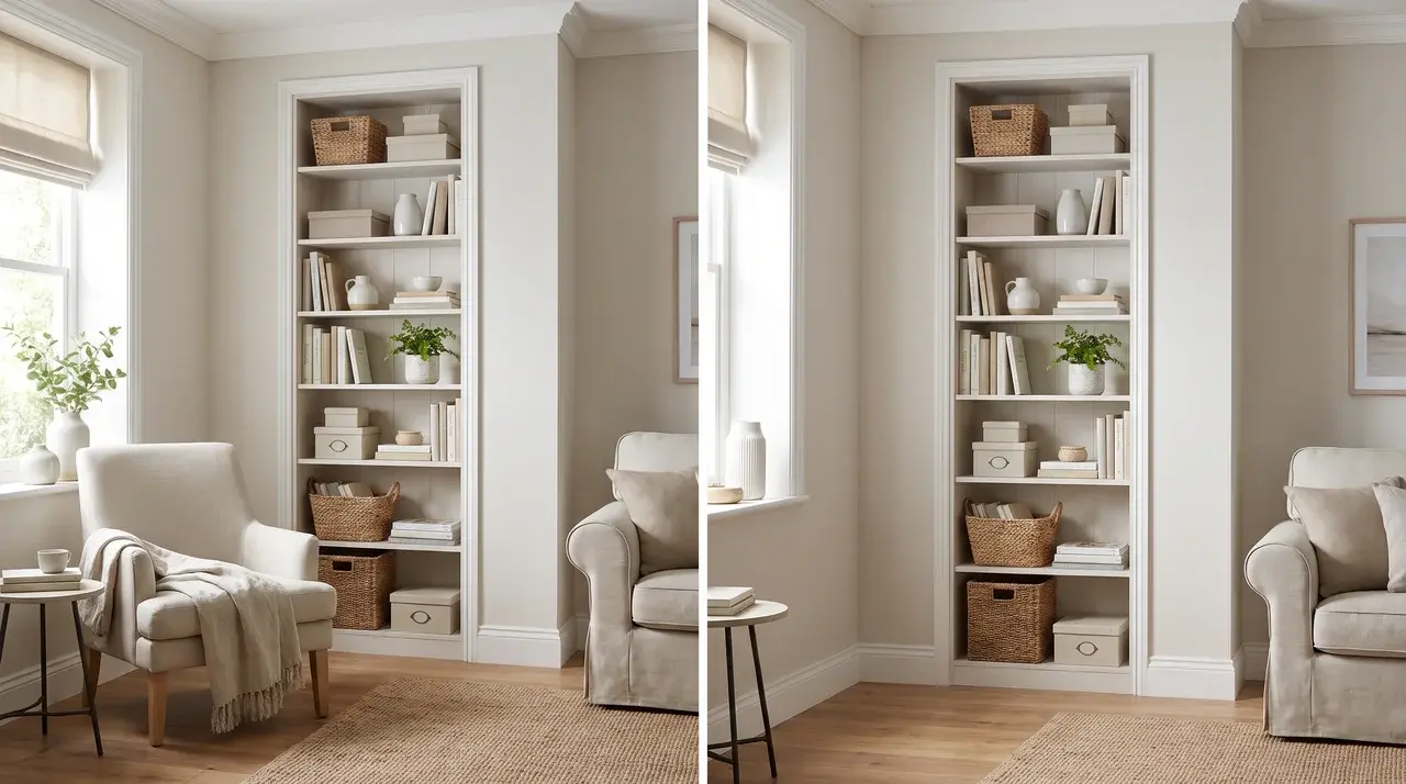 a tall and narrow bookcase fitted into a small gap holding books and decorative display items