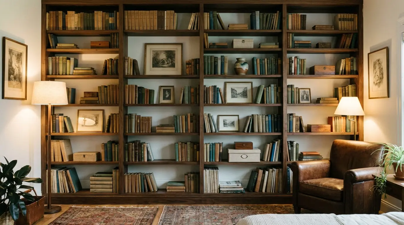 tall bedroom bookshelf filled with muted books framed art and small vintage objects