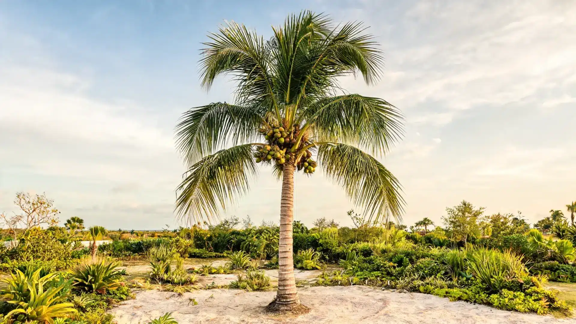 tall coconut palm with a long slender trunk and coconut clusters in a spacious coastal garden