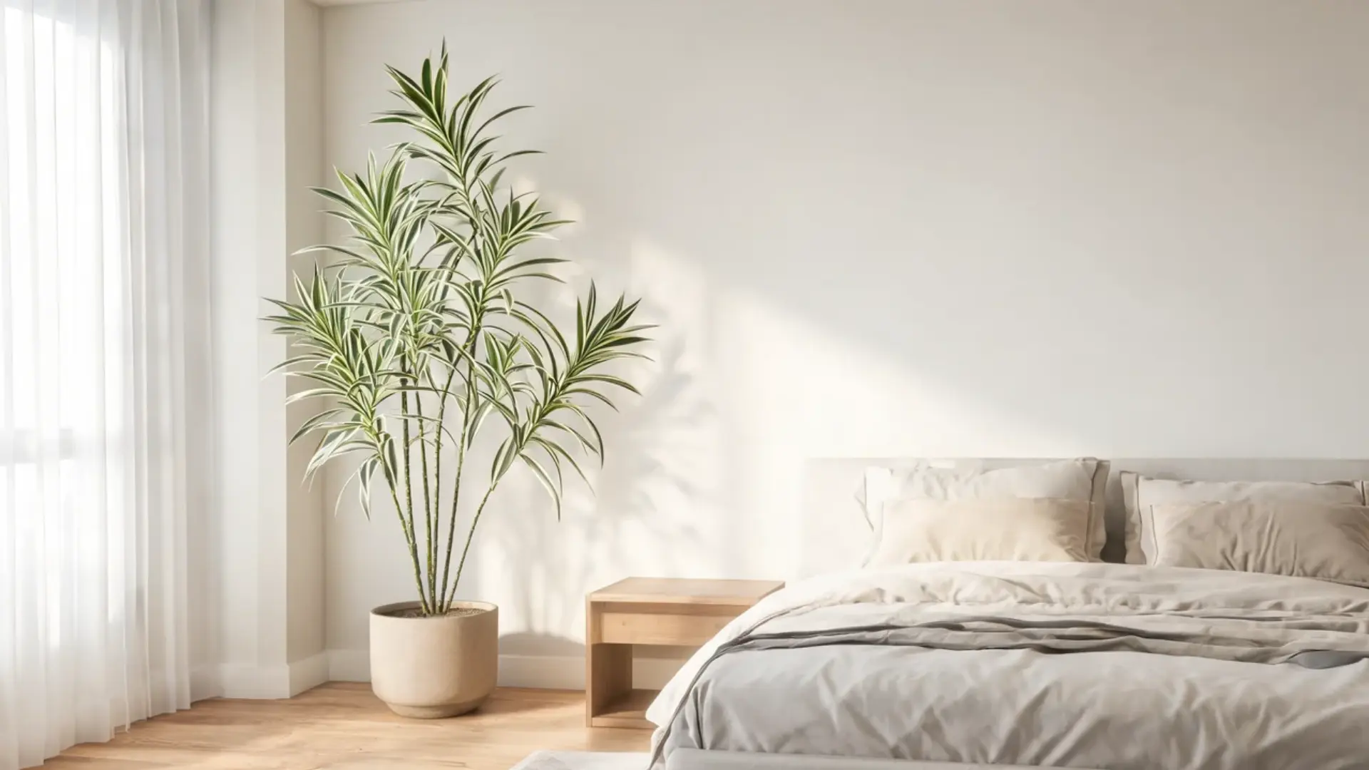 tall dracaena with striped leaves in a floor pot beside a wooden nightstand in a bright neutral bedroom