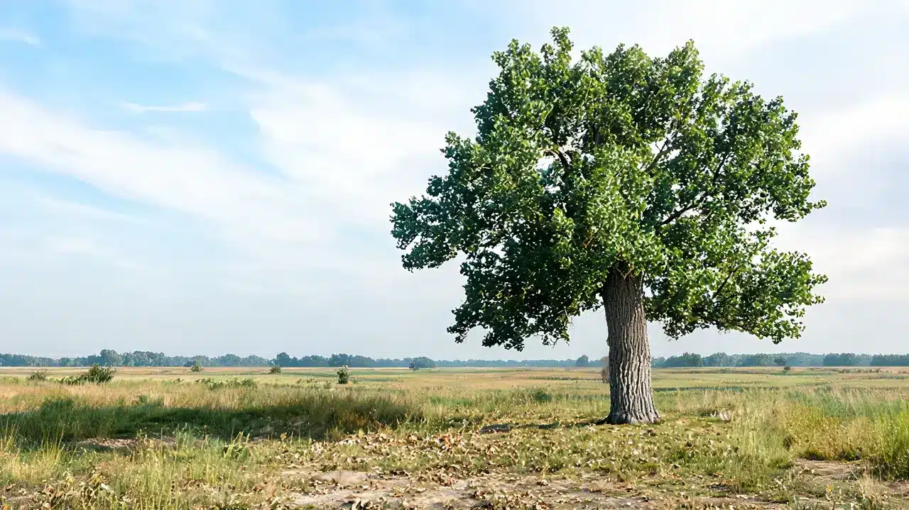 tall eastern cottonwood on an open floodplain with a massive crown, furrowed bark, and wide grassy sky
