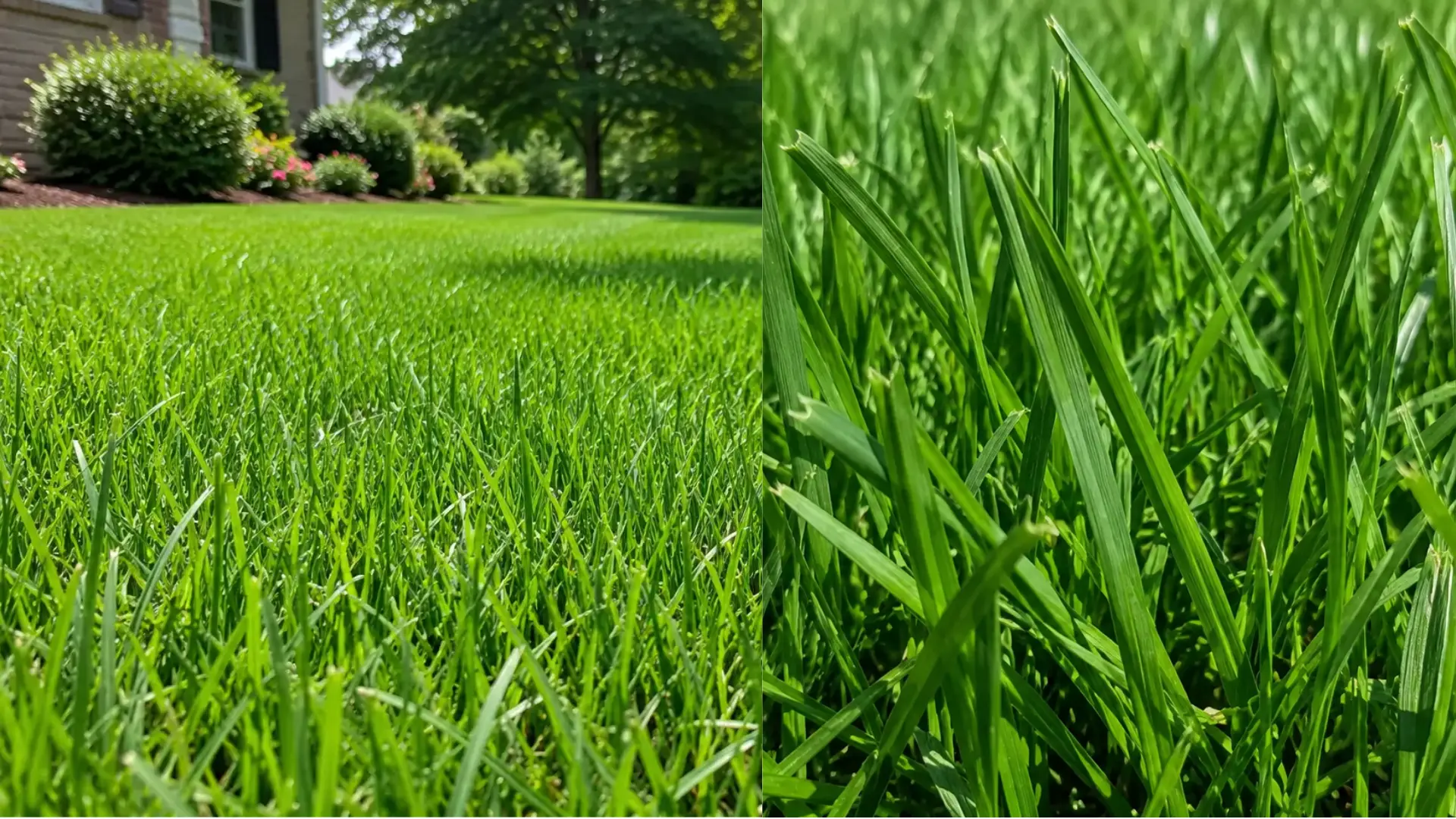 side by side views of a tall fescue lawn and a close up showing broad green blades and coarse texture