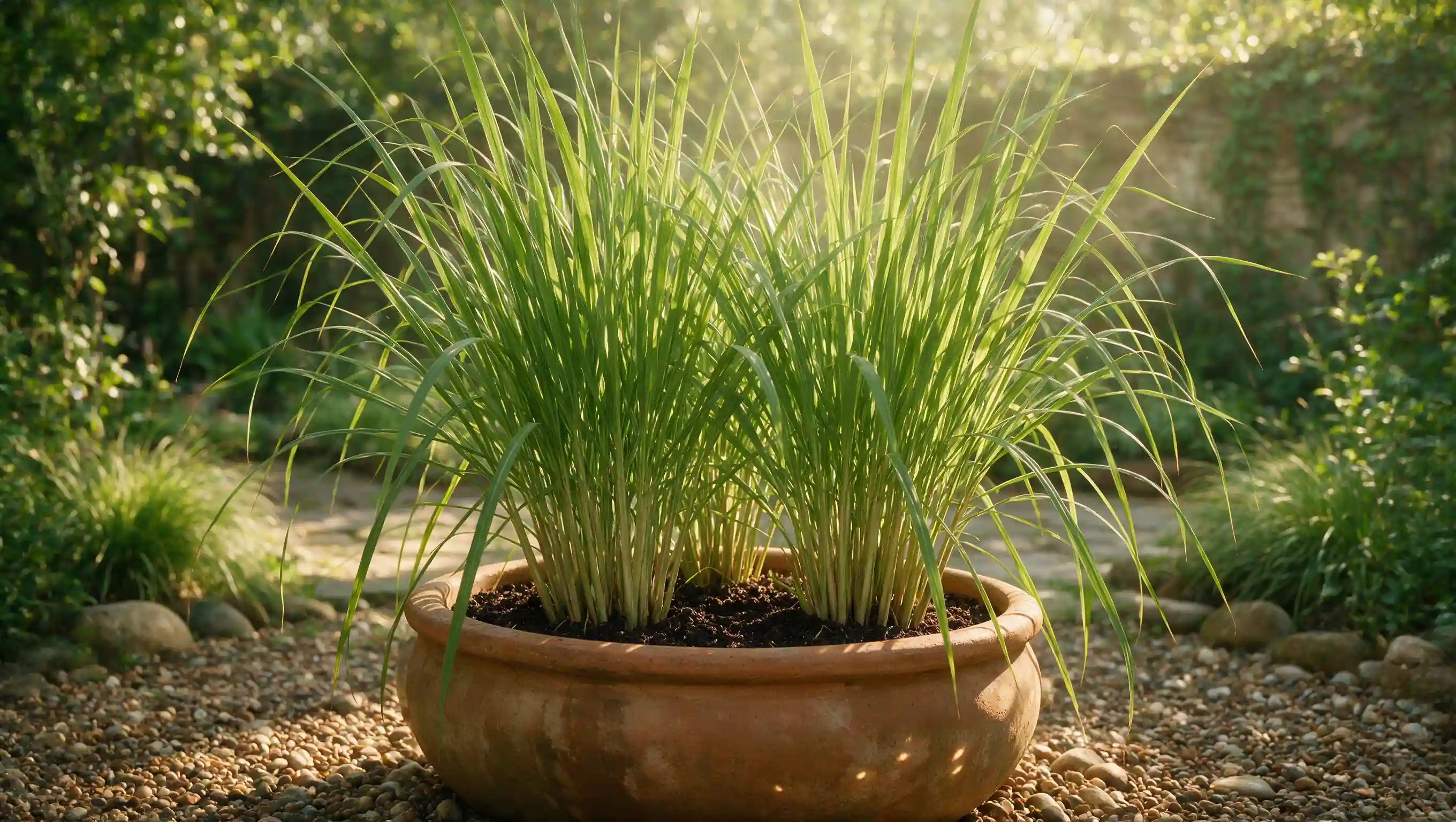 tall lemongrass clumps with slender green blades swaying gently in a large garden container