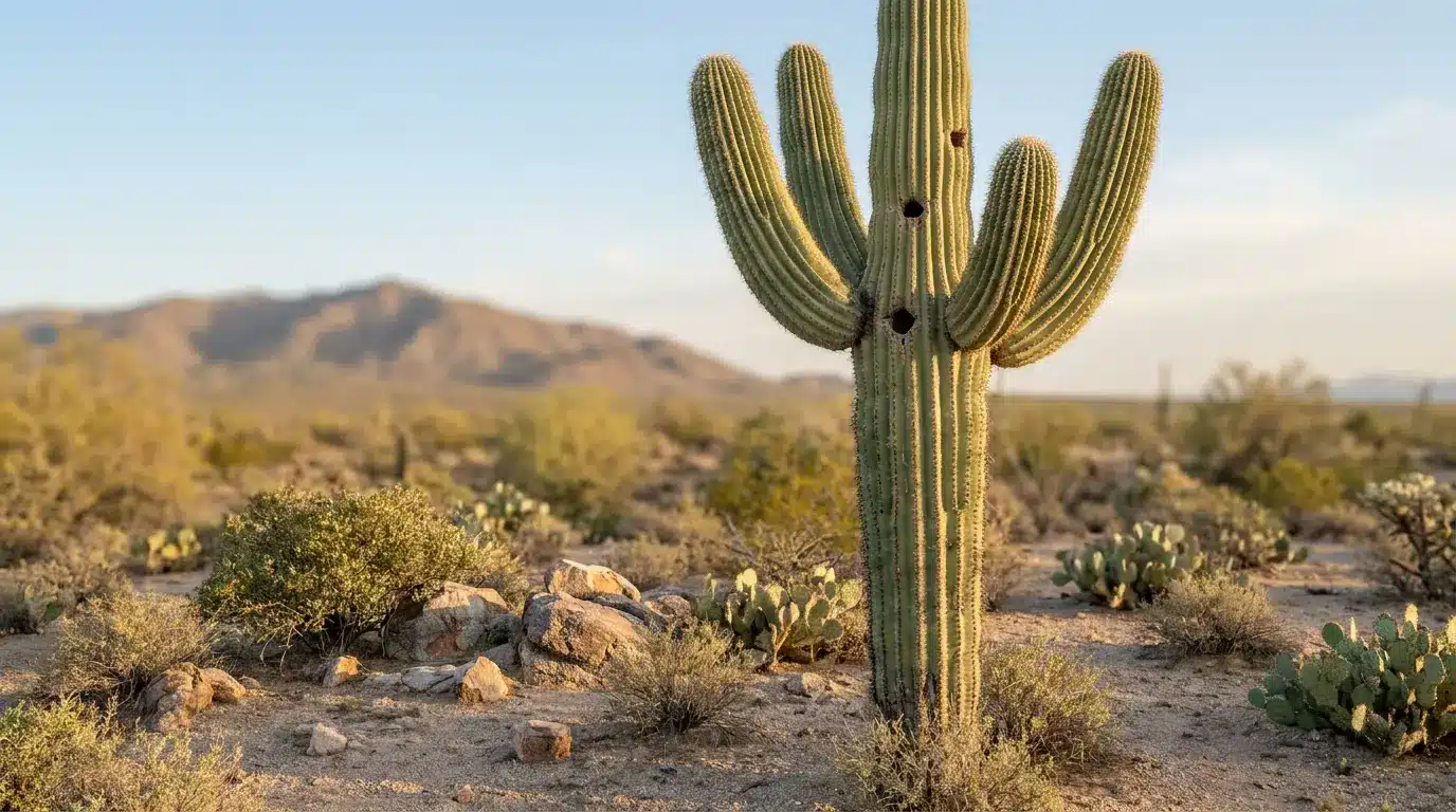 tall saguaro cactus with ribbed green arms and nesting holes standing in the sonoran desert