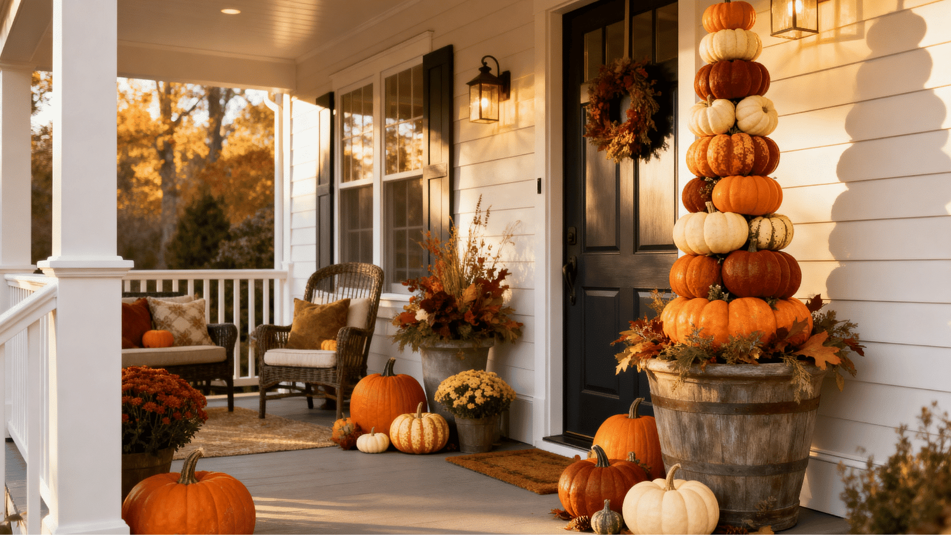 tall stacked pumpkin topiary displayed in a wooden barrel planter on a cozy farmhouse style porch.