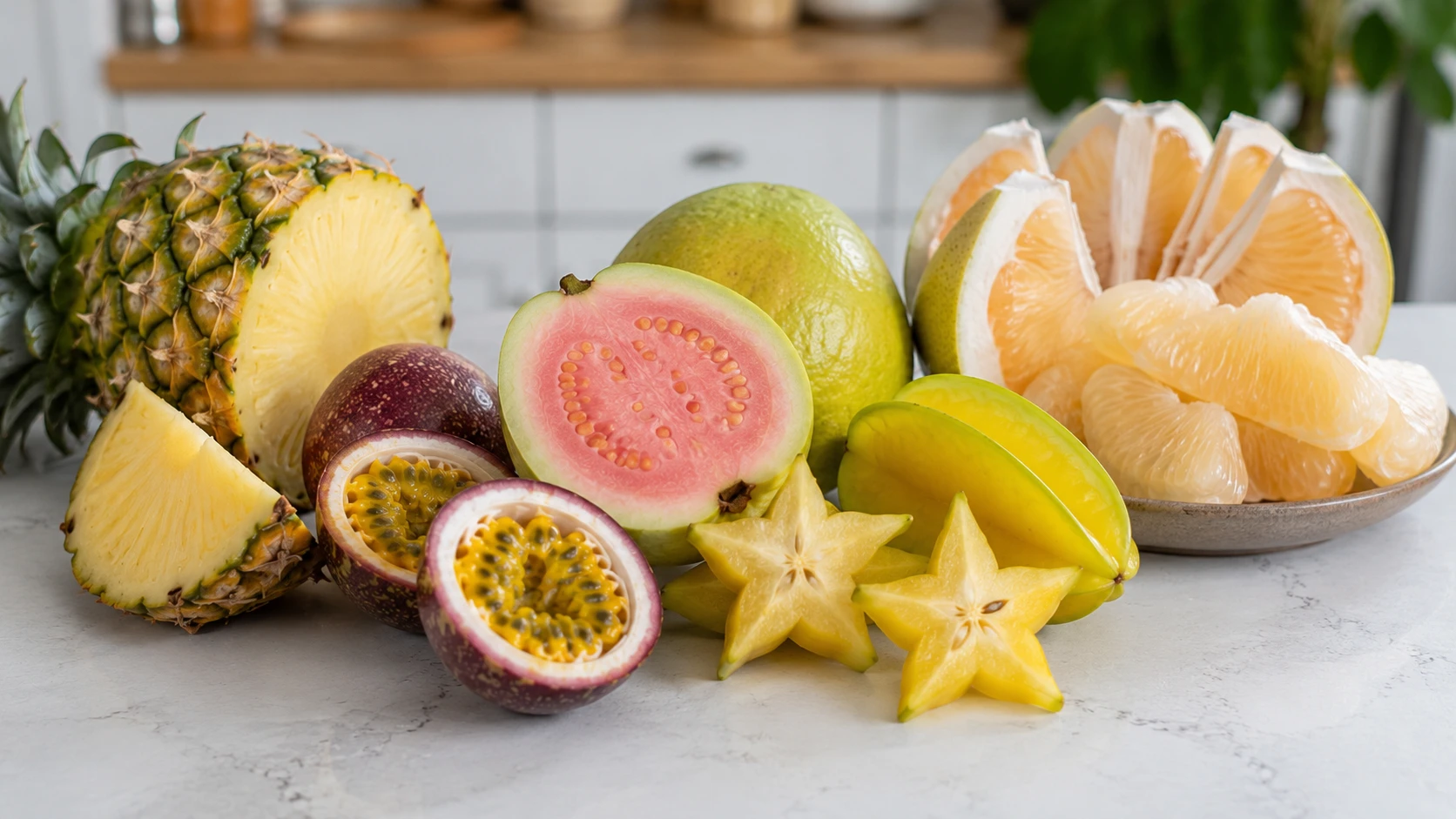 tangy tropical fruits pineapple passion fruit guava star fruit and pomelo prepared on a kitchen counter