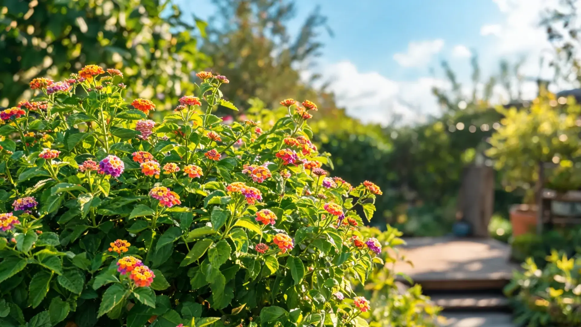 healthy lantana flowering outdoors in warm sunny weather with bright light and green garden growth