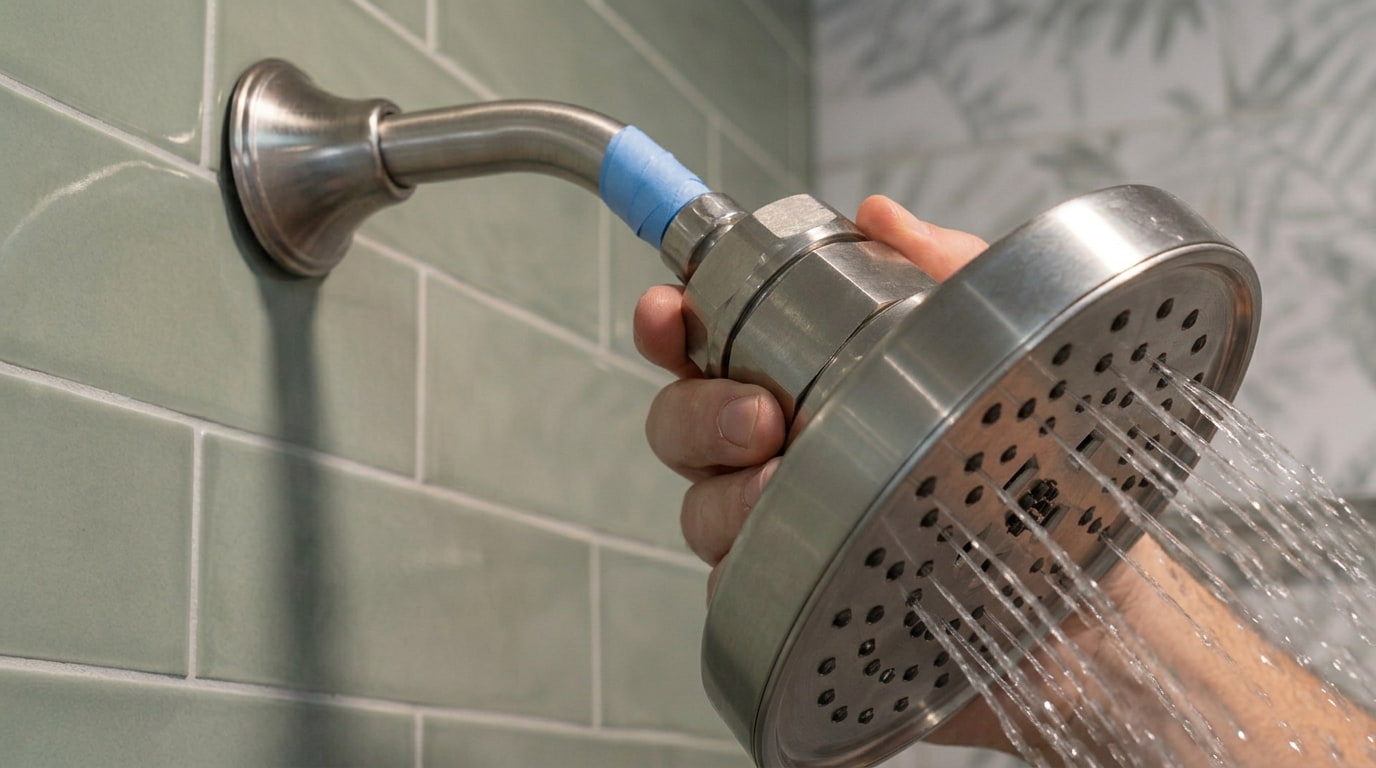 hand adjusting a shower head connection while water flows from the fixture in a bathroom